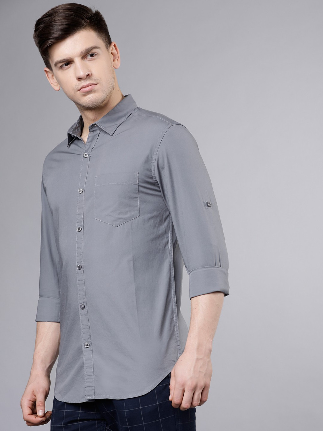 Image of HIGHLANDER Men Solid Casual Grey Shirt