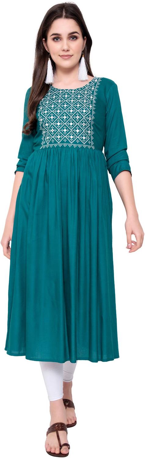 Kriska Women Embroidered Viscose Rayon A-line Kurta (Green)