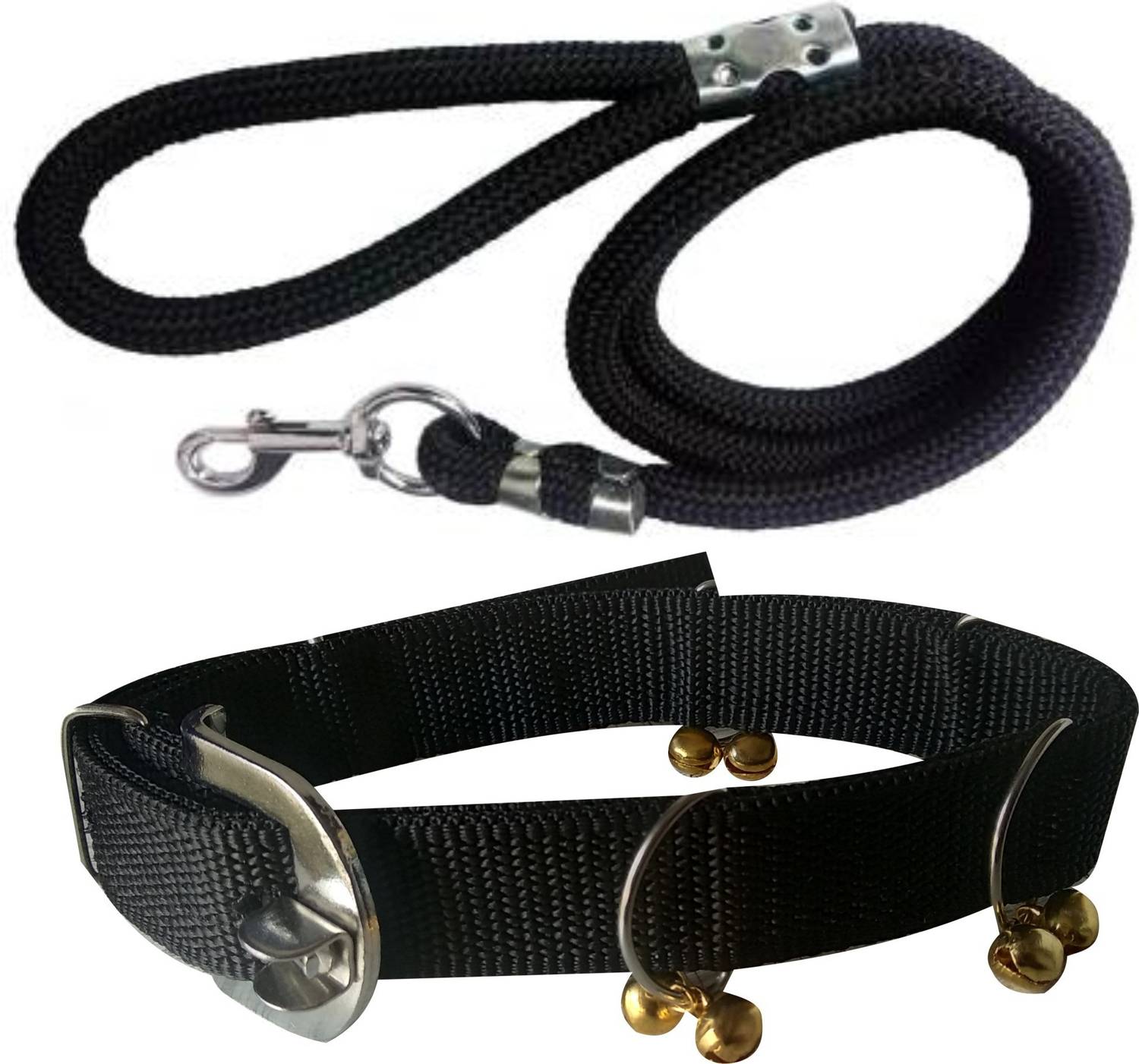 ADIOS Good Quality Dog Belt Combo of Black Ghungroo Collar with Black Leash 1.5m Lengthy Dog Collar & Leash