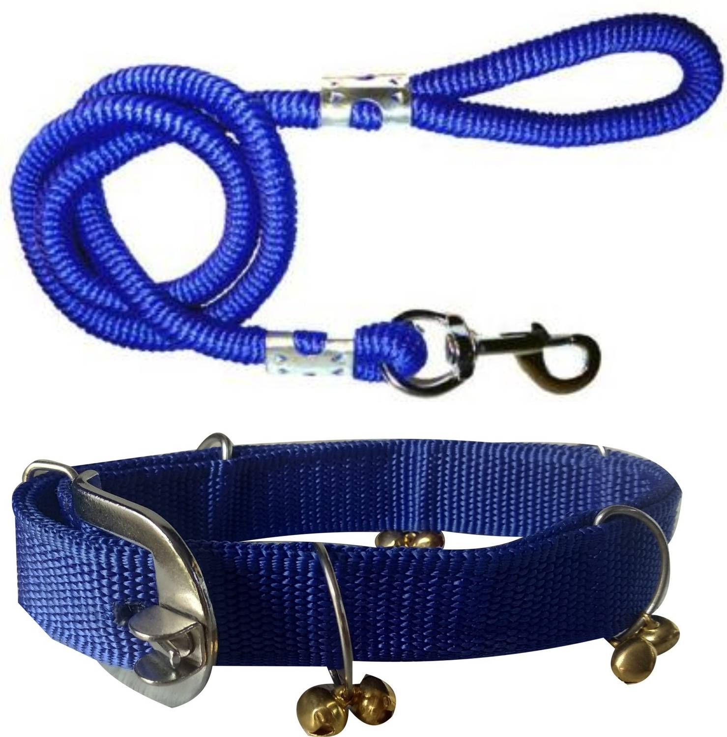 ADIOS Good Quality Dog Belt Combo of Blue Ghungroo Collar with Blue Leash 1.5m Lengthy Dog Collar & Leash