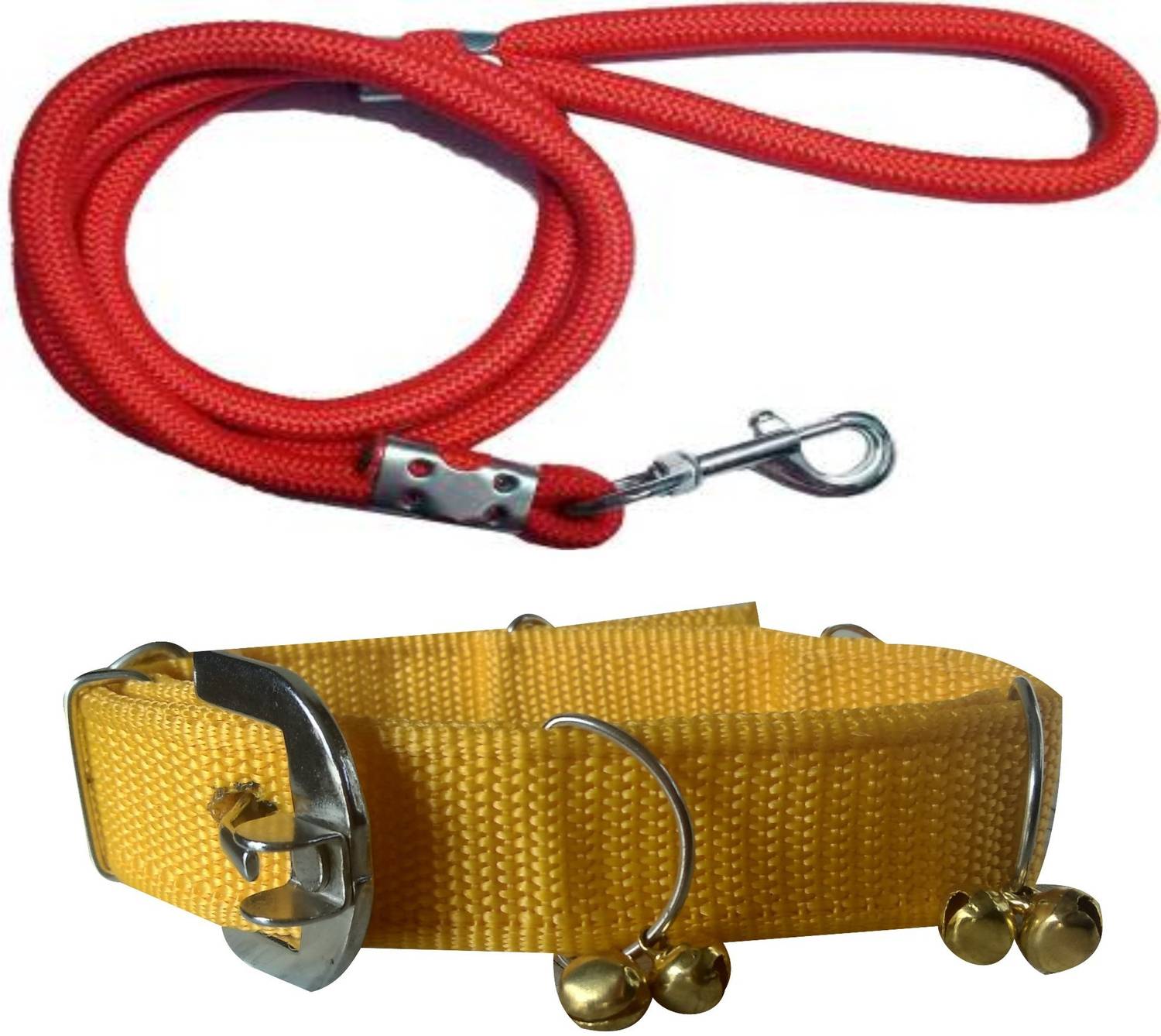 BODY BUILDING Good Quality Dog Belt Combo of Yellow Ghungroo Collar with Red Lead 1.5m Lengthy Dog Collar & Leash