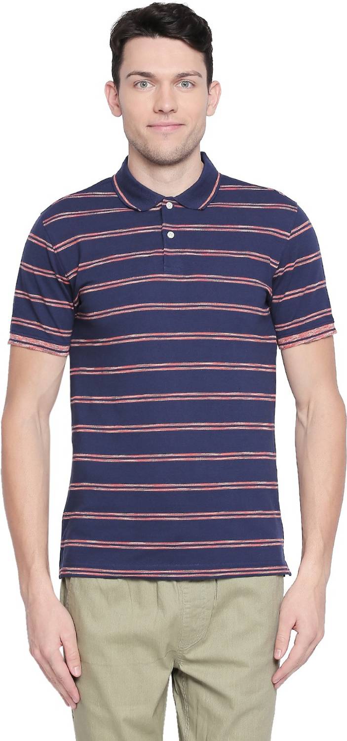 Byford by Pantaloons Striped Men Polo Neck Blue T-Shirt