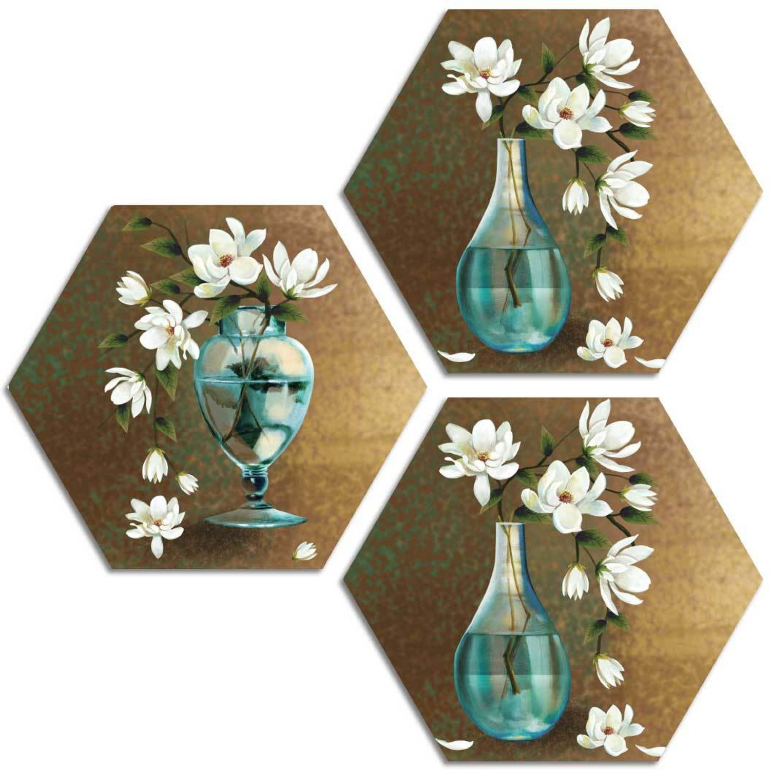 Image of Art Amori White Lotus Flower art 3 Piece Hexagon MDF Painting Digital Reprint 21.5 inch x 21.5 inch Painting