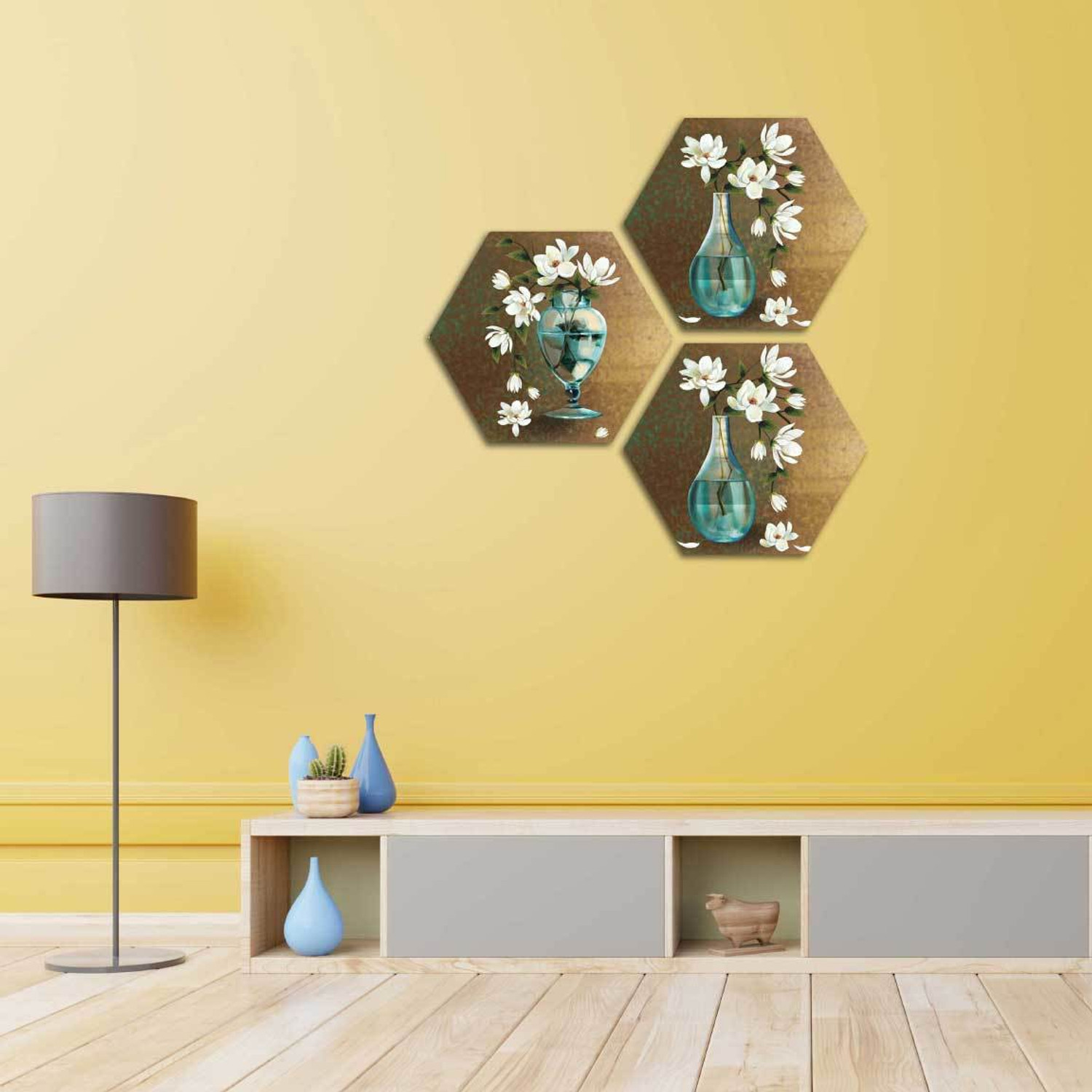 Image of Art Amori White Lotus Flower art 3 Piece Hexagon MDF Painting Digital Reprint 21.5 inch x 21.5 inch Painting