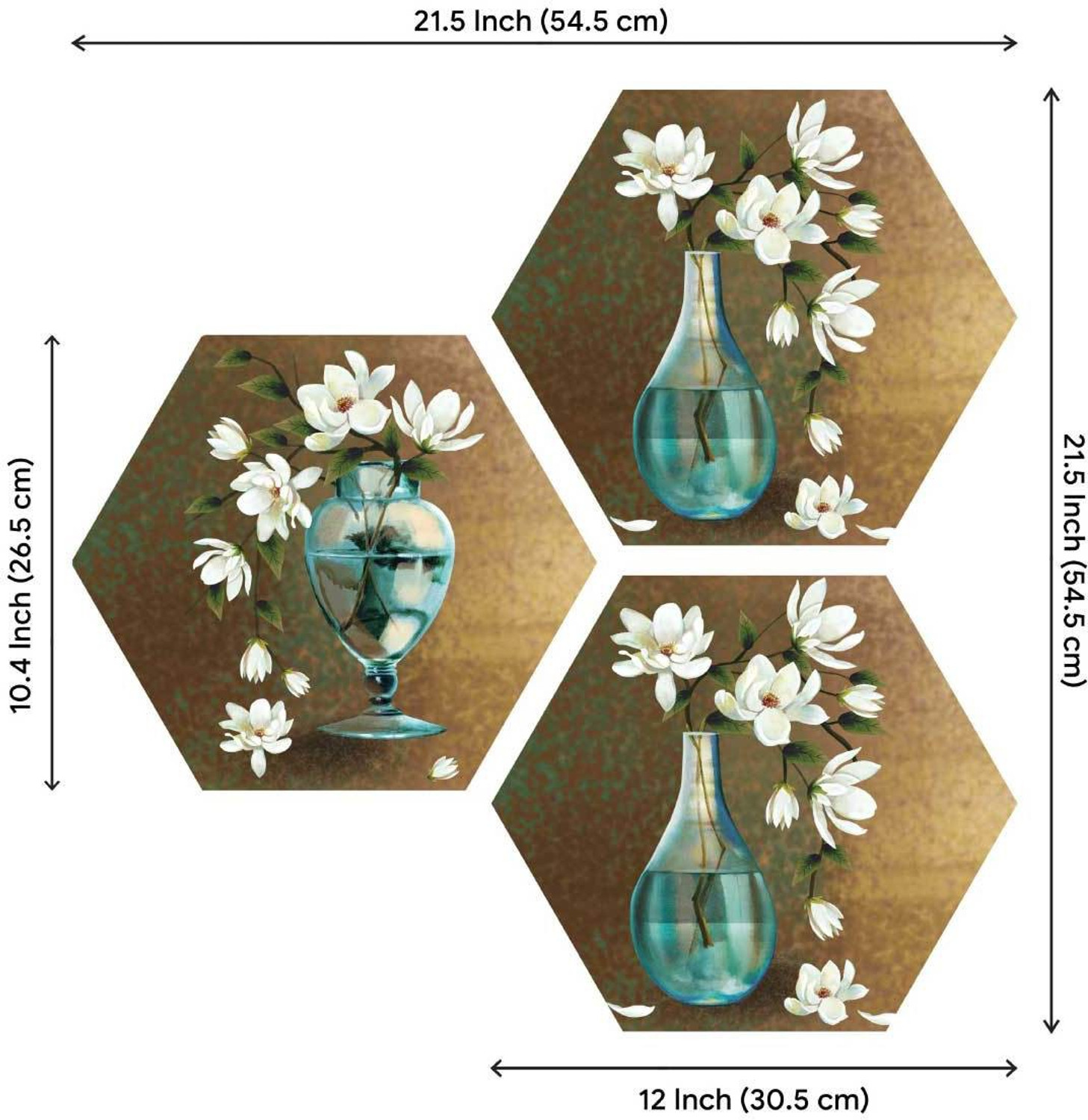 Image of Art Amori White Lotus Flower art 3 Piece Hexagon MDF Painting Digital Reprint 21.5 inch x 21.5 inch Painting