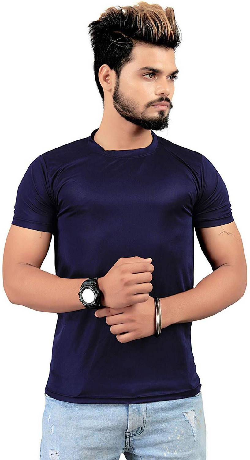 WEAR ESSENCE Solid Men Round Neck Dark Blue T-Shirt