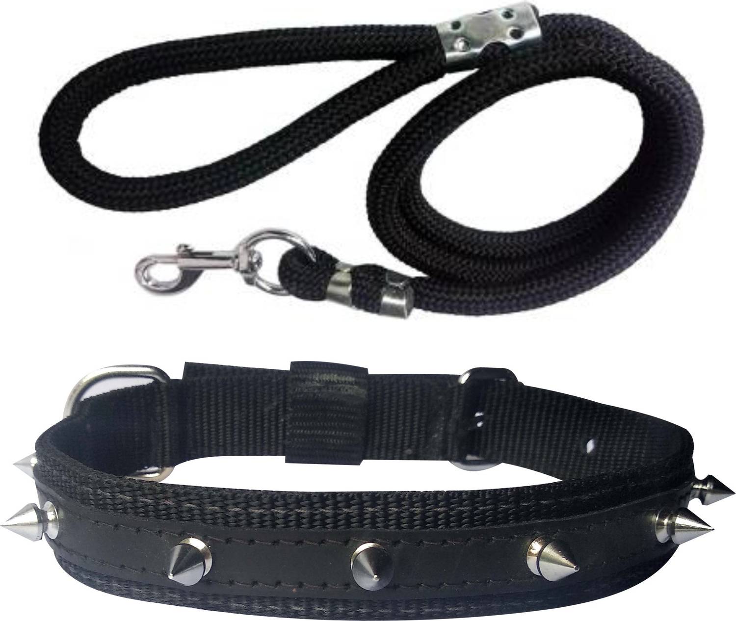 BODY BUILDING Good Quality Dog Belt Combo of Black Nylon Spike Collar with Black Lead 1.5m Lengthy Dog Collar & Leash