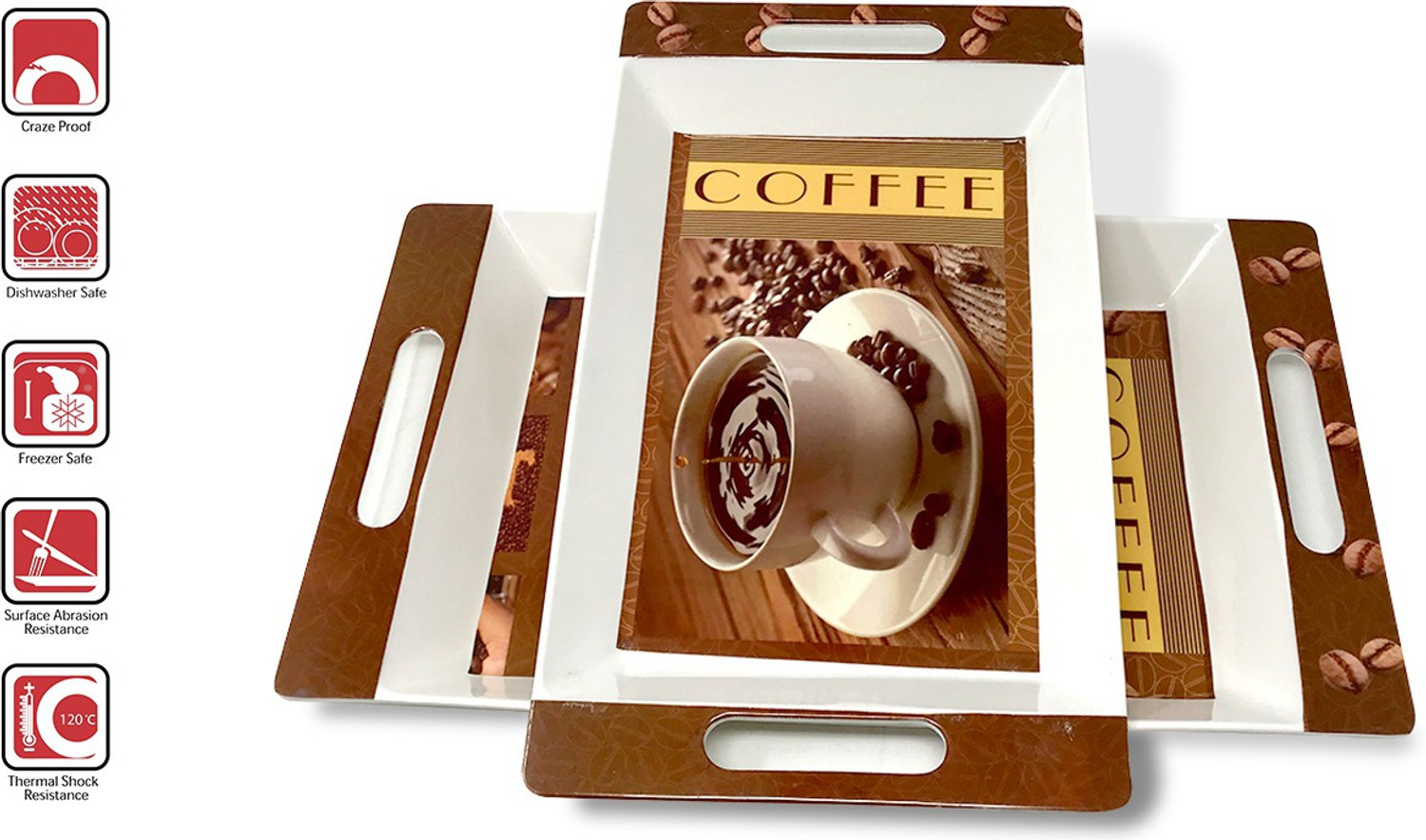 Image of U.P.C. Melamine Serving Tray, (Medium and Large Size) Cofee Print Set of 2 Rosseate Series Tray Tray