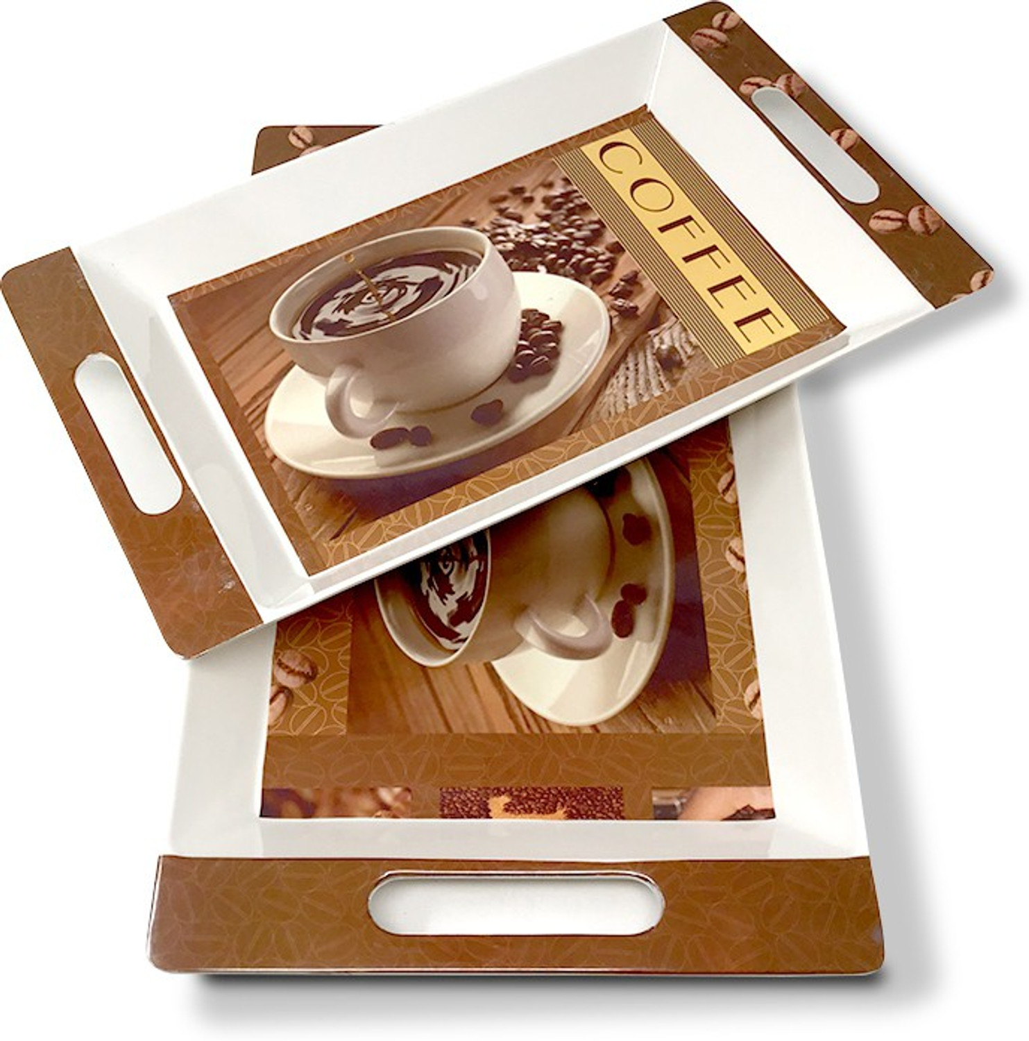 Image of U.P.C. Melamine Serving Tray, (Medium and Large Size) Cofee Print Set of 2 Rosseate Series Tray Tray