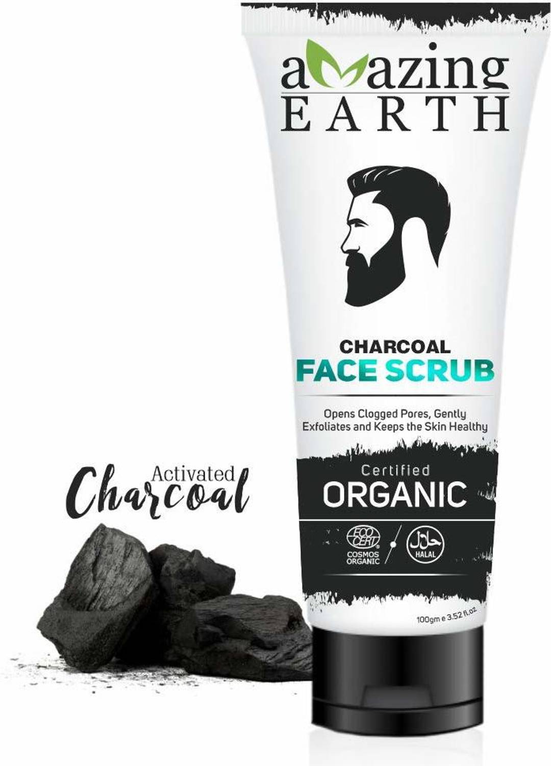 Amazing Earth Charcoal Face Scrub for Men - Certified Organic, Skin Brightening, Blackhead, Oil Control, Silicon & Paraben Free, Cruelty Free & Vegan - 100 gm Scrub