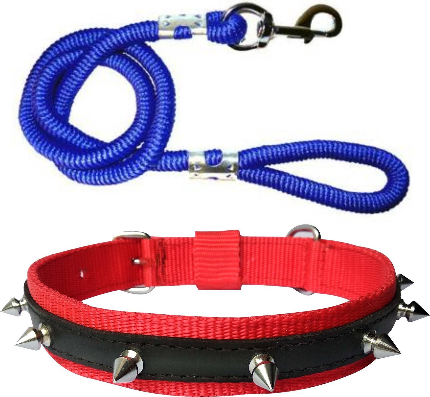 BODY BUILDING Good Quality Dog Belt Combo of Red Nylon Spike Collar with Blue Lead 1.5m Lengthy Dog Collar & Leash