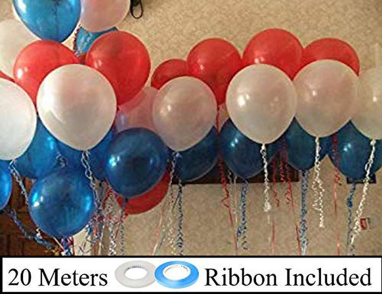 AMFIN 10 Inch (Pack of 50) Metallic Balloons Blue, White & Red for Birthday Decoration, Decoration for Weddings, Engagement, Baby Shower, 1st Birthday, Anniversary Party, Theme Party, Office Party