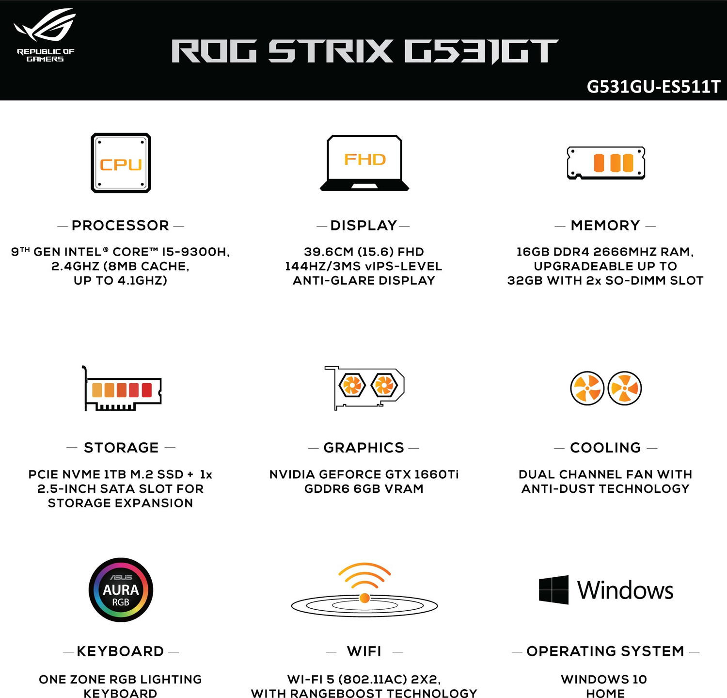 Image of ASUS ROG Strix G Intel Core i5 9th Gen 9300H - (16 GB /1 TB SSD /Windows 10 Home /6 GB Graphics /NVIDIA GeForce GTX 1660 Ti /144 Hz) G531GU-ES511T Gaming Laptop