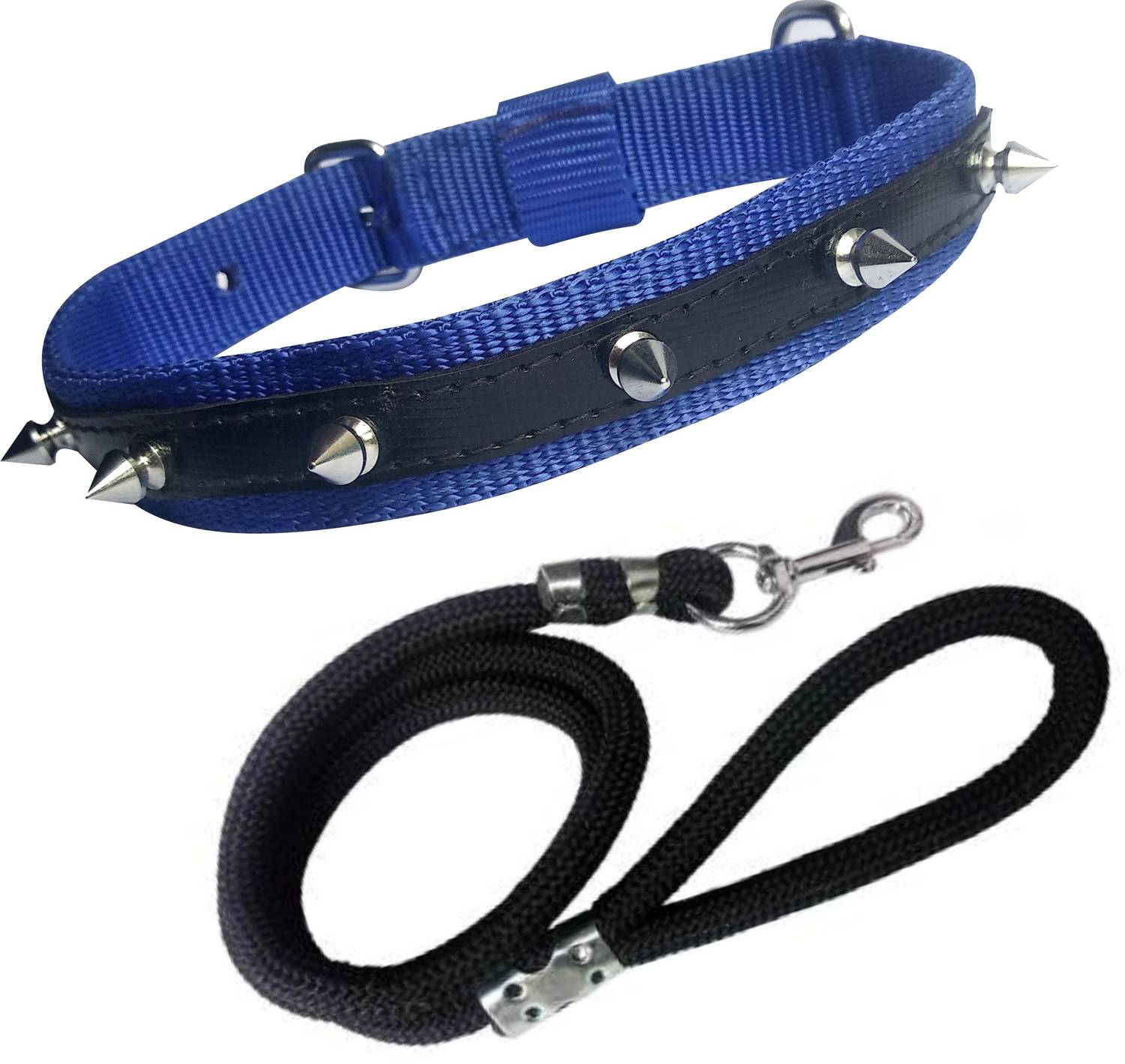 BODY BUILDING Good Quality Dog Belt Combo of Nylon Blue Spike Collar with Black Lead 1.5m Lengthy Dog Collar & Leash