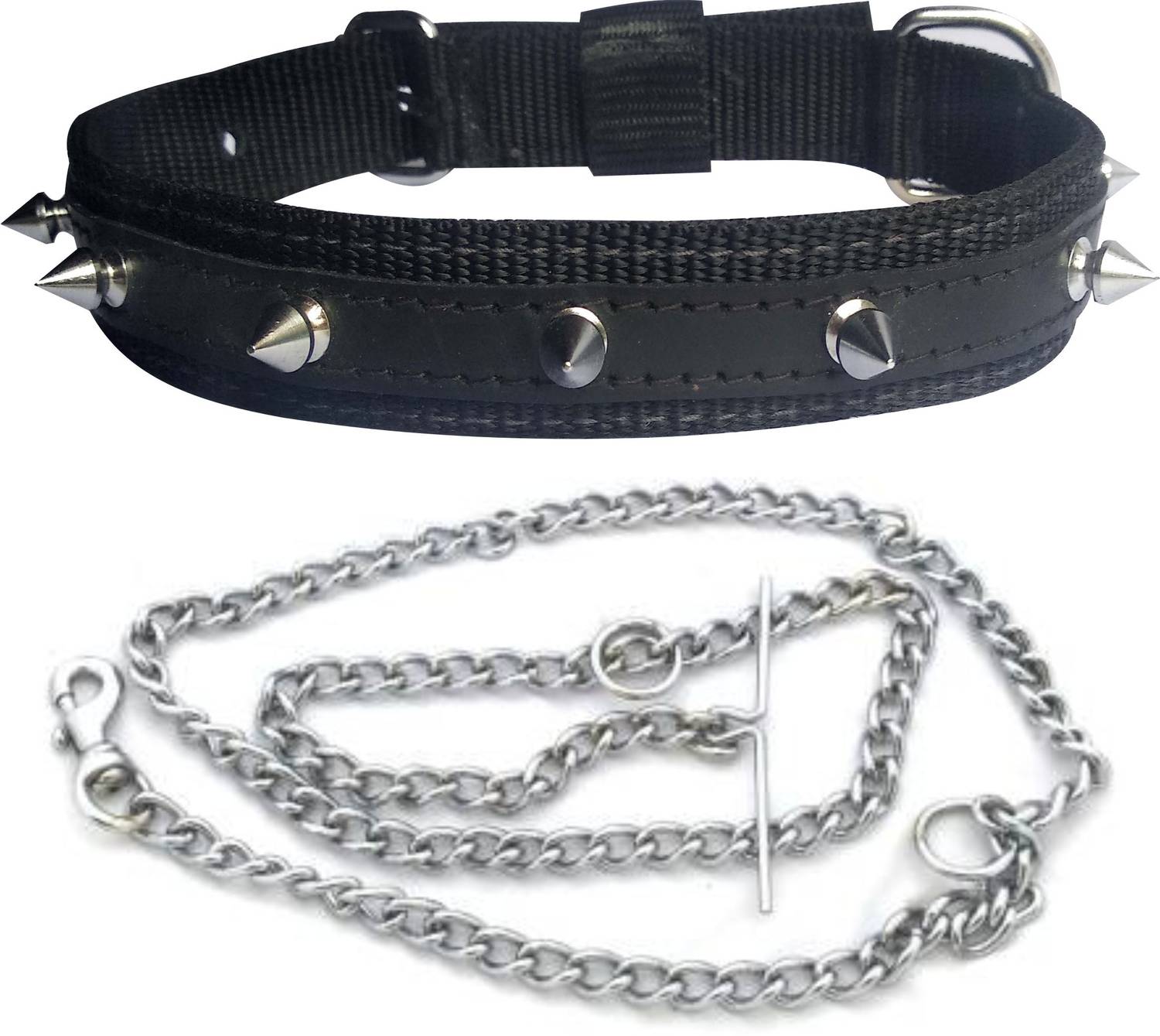 BODY BUILDING Dog Belt Combo of Black Nylon Spike Collar with Dog Chain 1.5m Lengthy Dog Collar & Chain