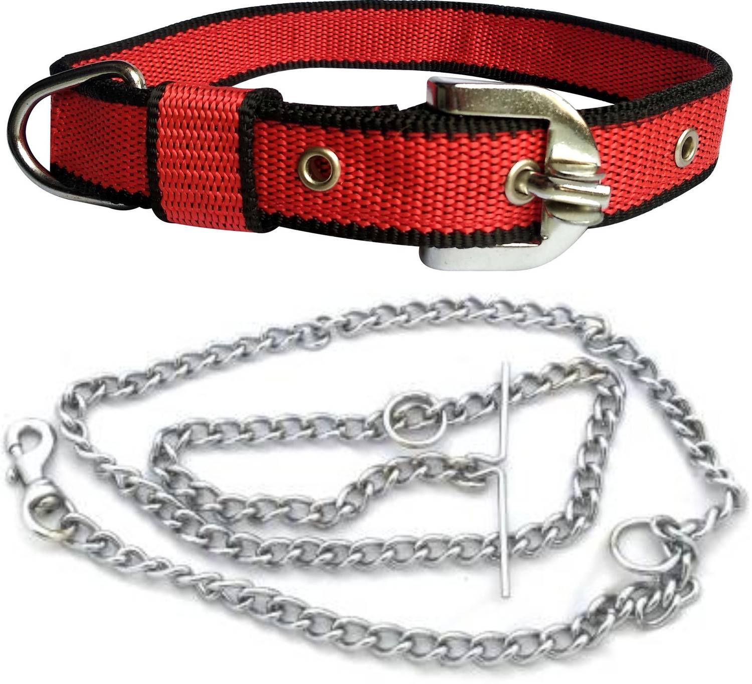 ADIOS Dog Belt Combo of Black Red Collar with Dog Chain 1.5m Lengthy Dog Collar & Leash