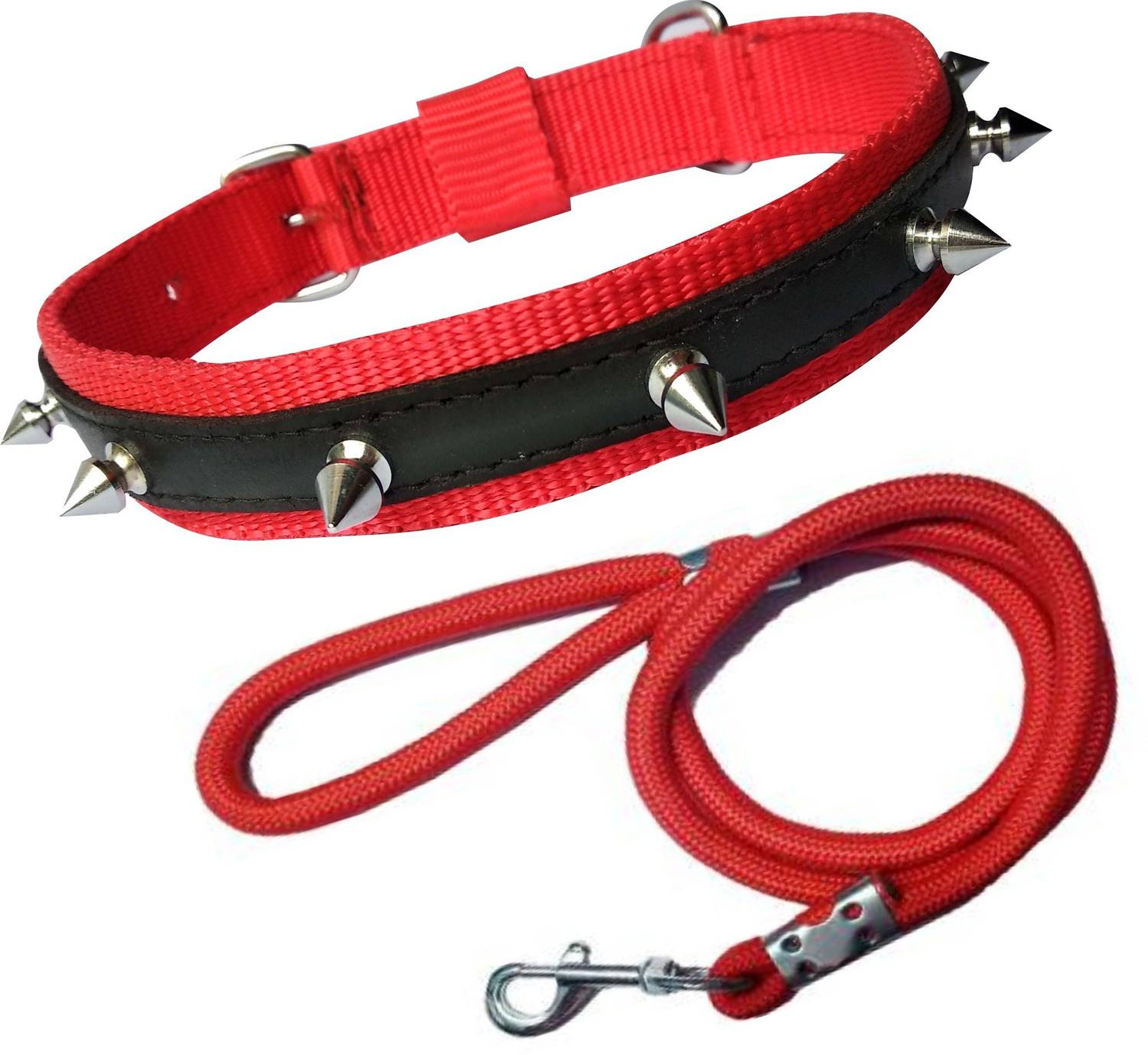 BODY BUILDING Good Quality Dog Belt Combo of Nylon Red Spike Collar with Red Lead 1.5m Lengthy Dog Collar & Leash