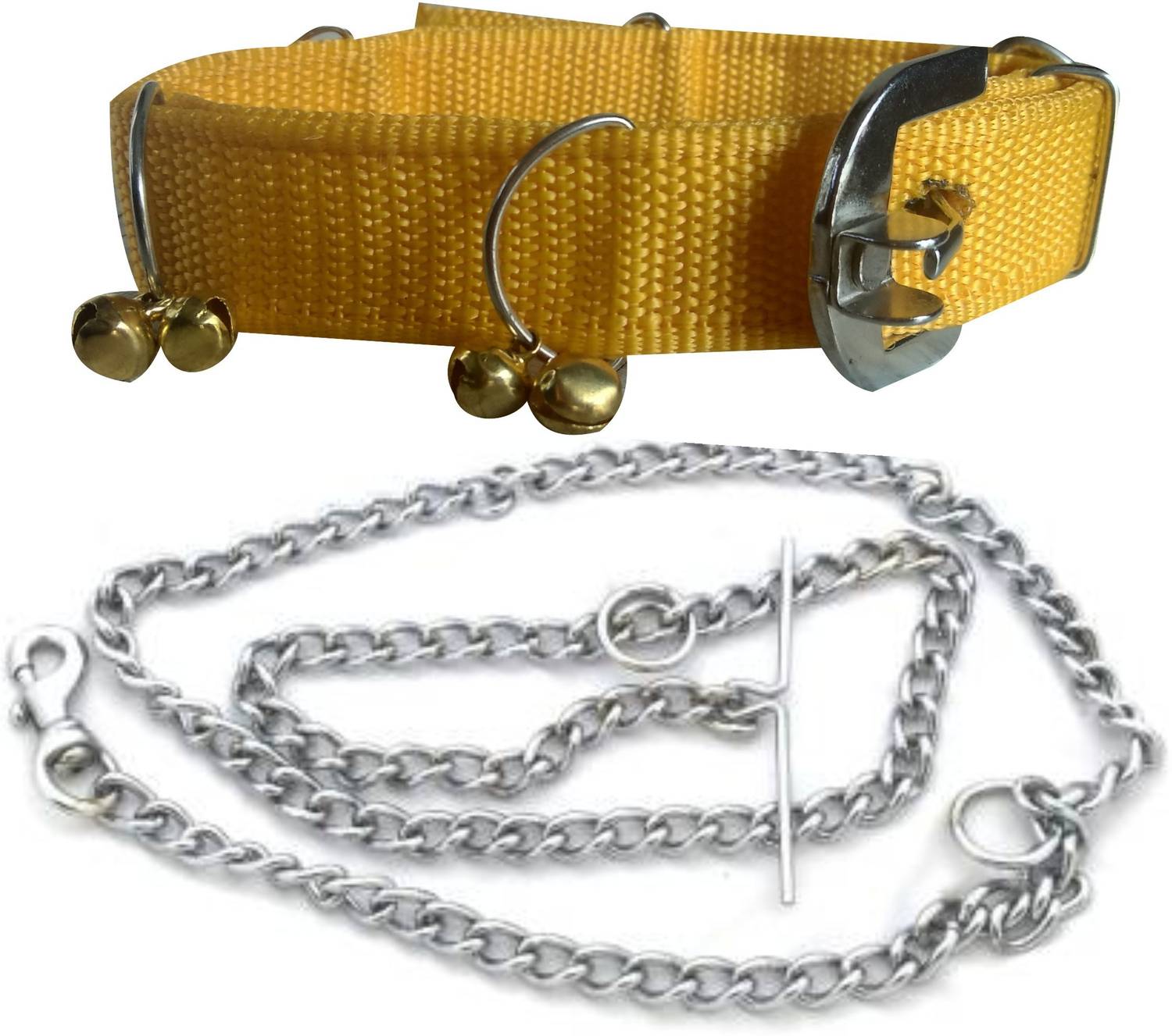 ADIOS Dog Belt Combo of Yellow Ghungroo Collar with Dog Chain 1.5m Lengthy Dog Collar & Chain