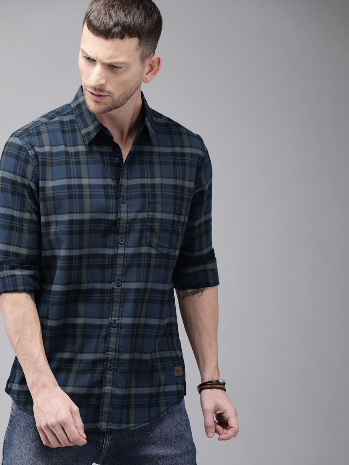 Image of Roadster Men Checkered Casual Blue Shirt