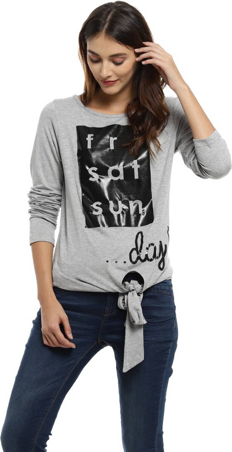 PINACOLADA Printed Women Round Neck Grey T-Shirt
