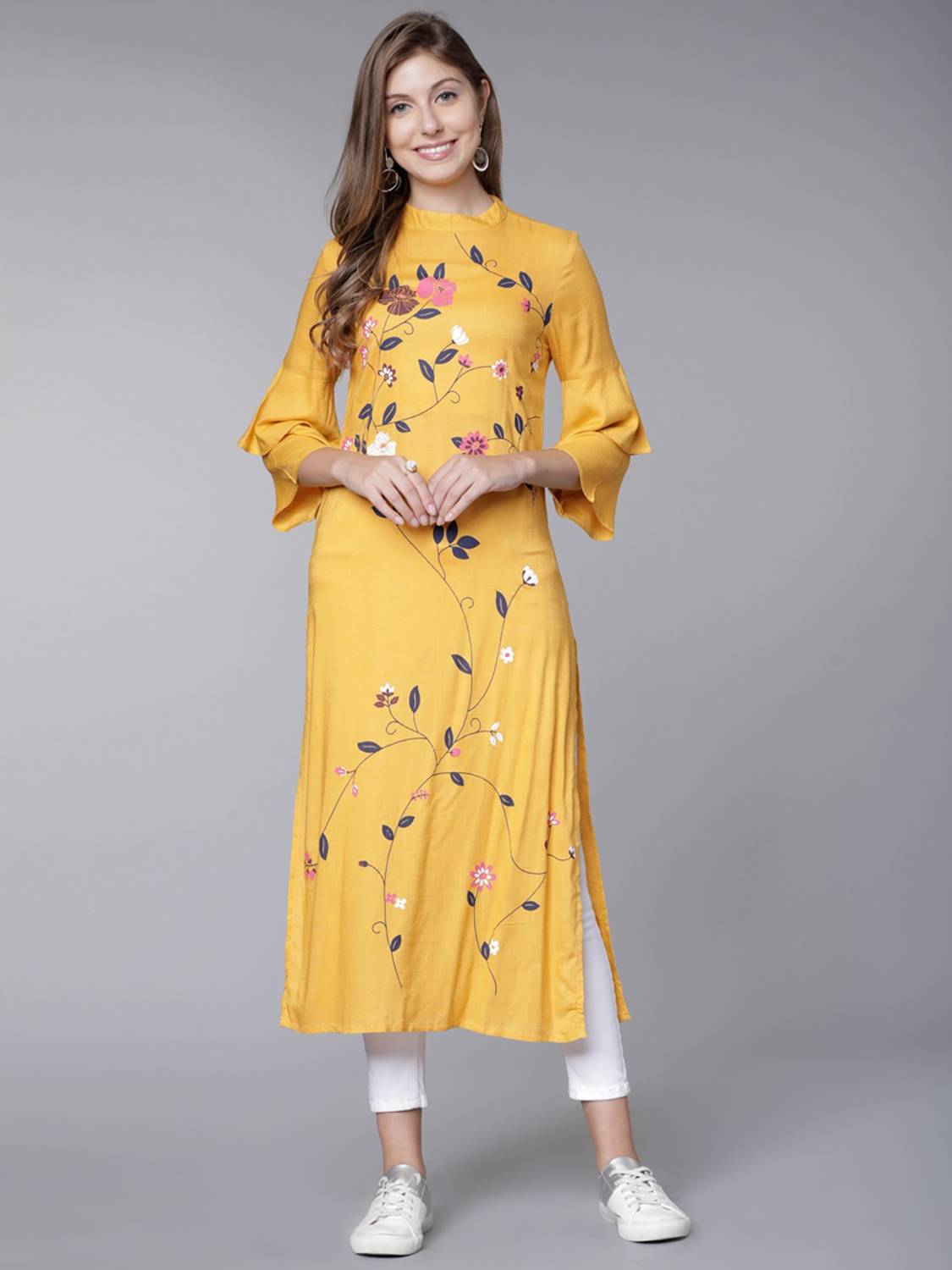 Vishudh Women Solid Viscose Rayon Straight Kurta (Yellow)