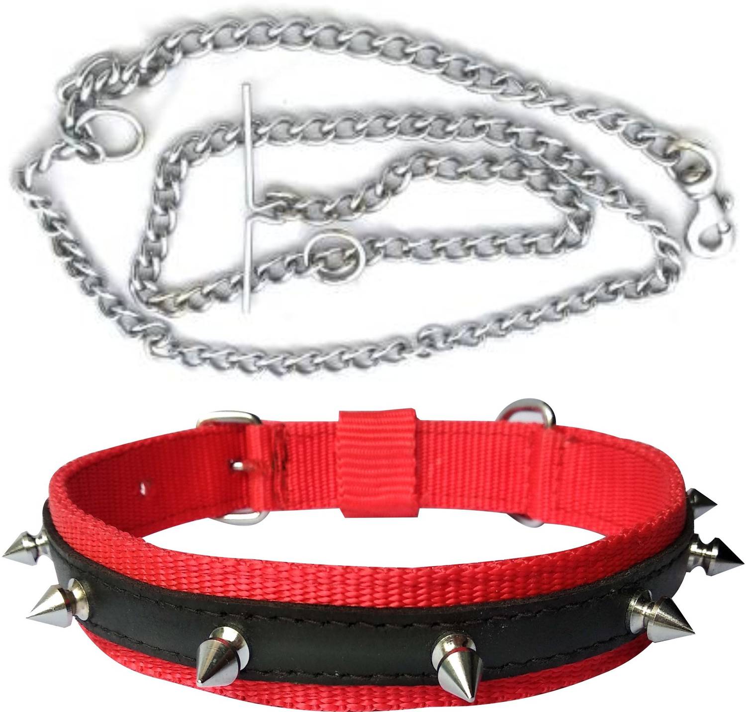 BODY BUILDING Good Quality Dog Belt Combo of Red Nylon Spike Collar with Dog Chain 1.5m Lengthy Dog Collar & Chain