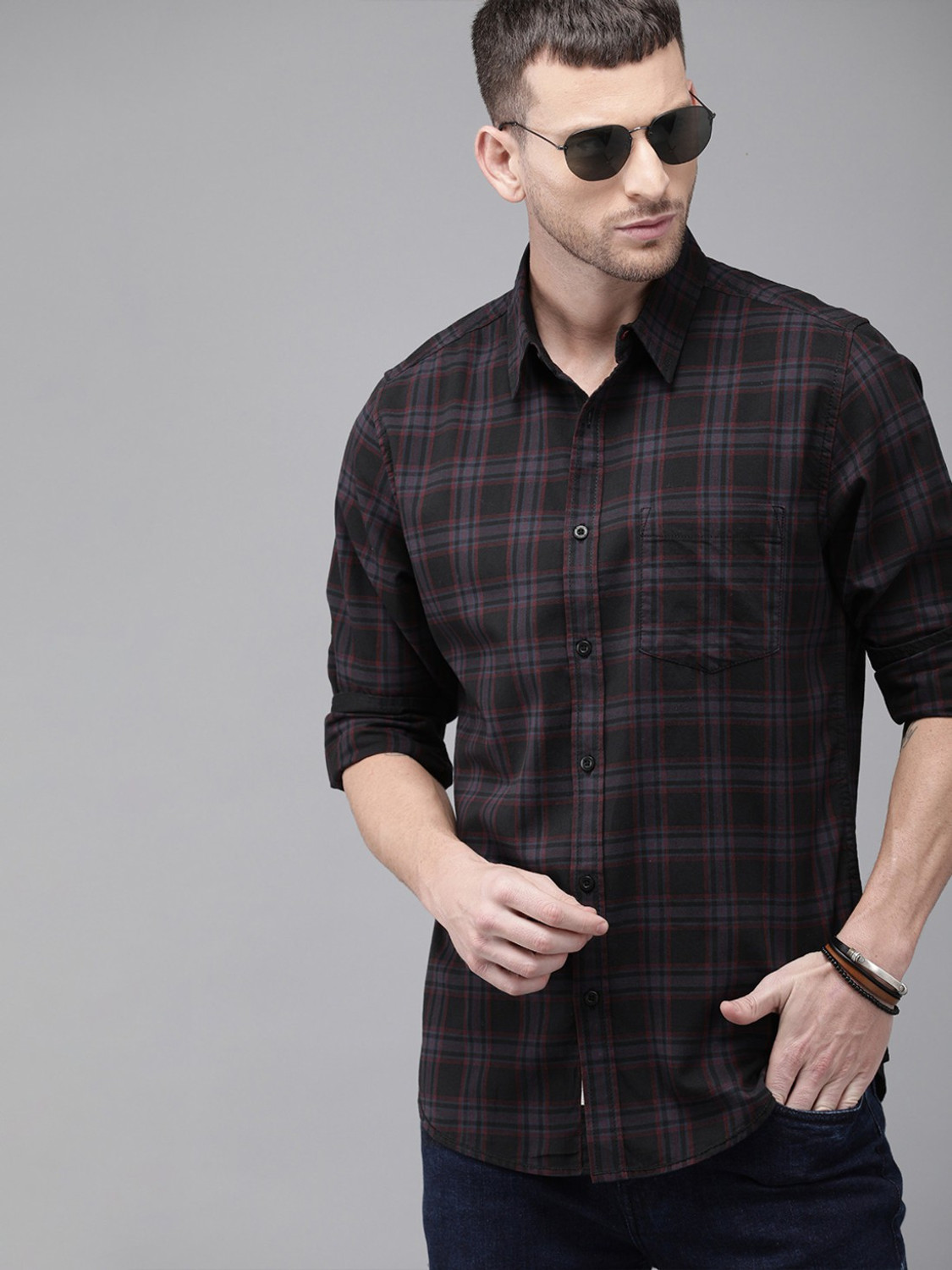 Image of Roadster Men Checkered Casual Black Shirt