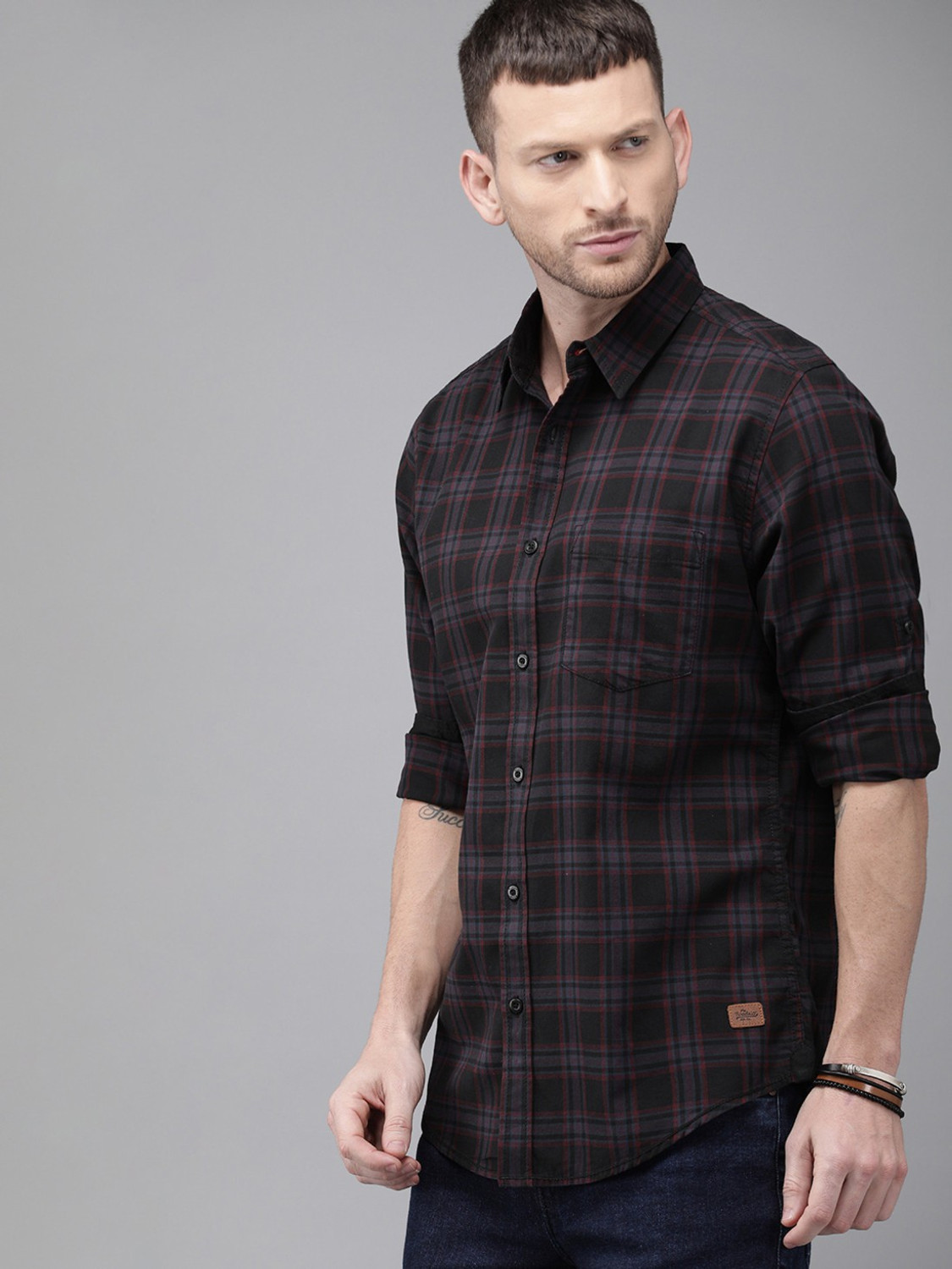 Image of Roadster Men Checkered Casual Black Shirt