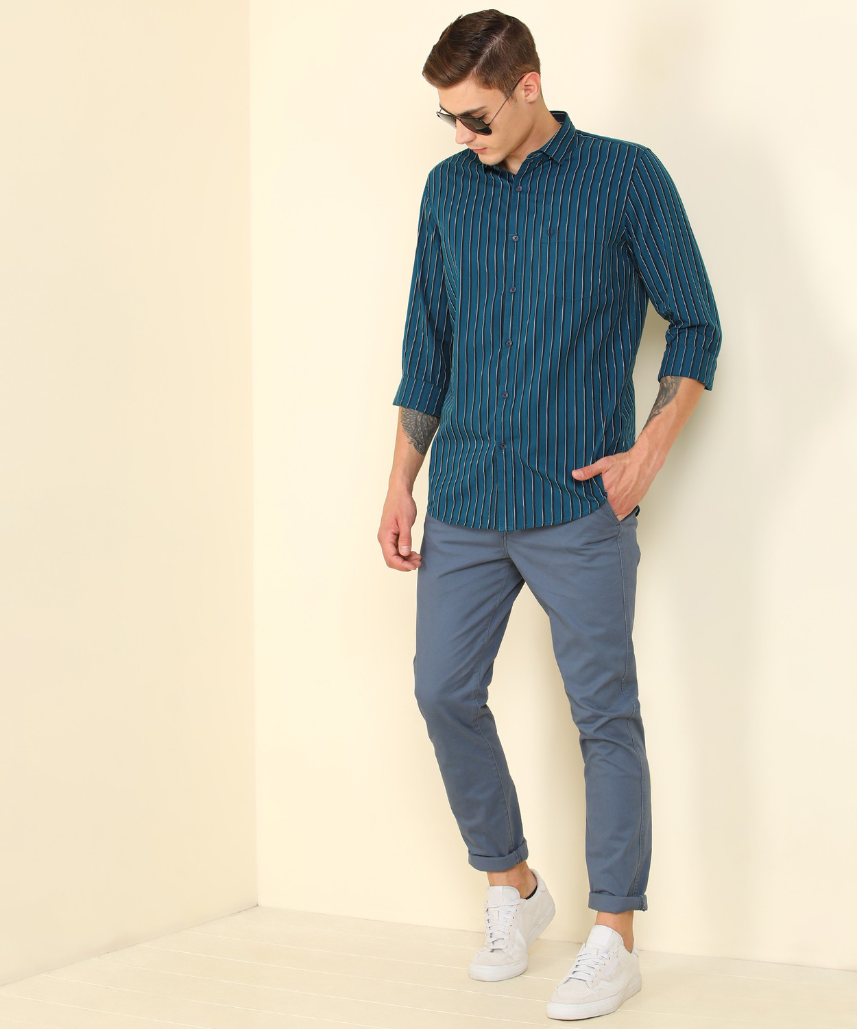 Image of Allen Solly Men Striped Casual Blue, Black Shirt