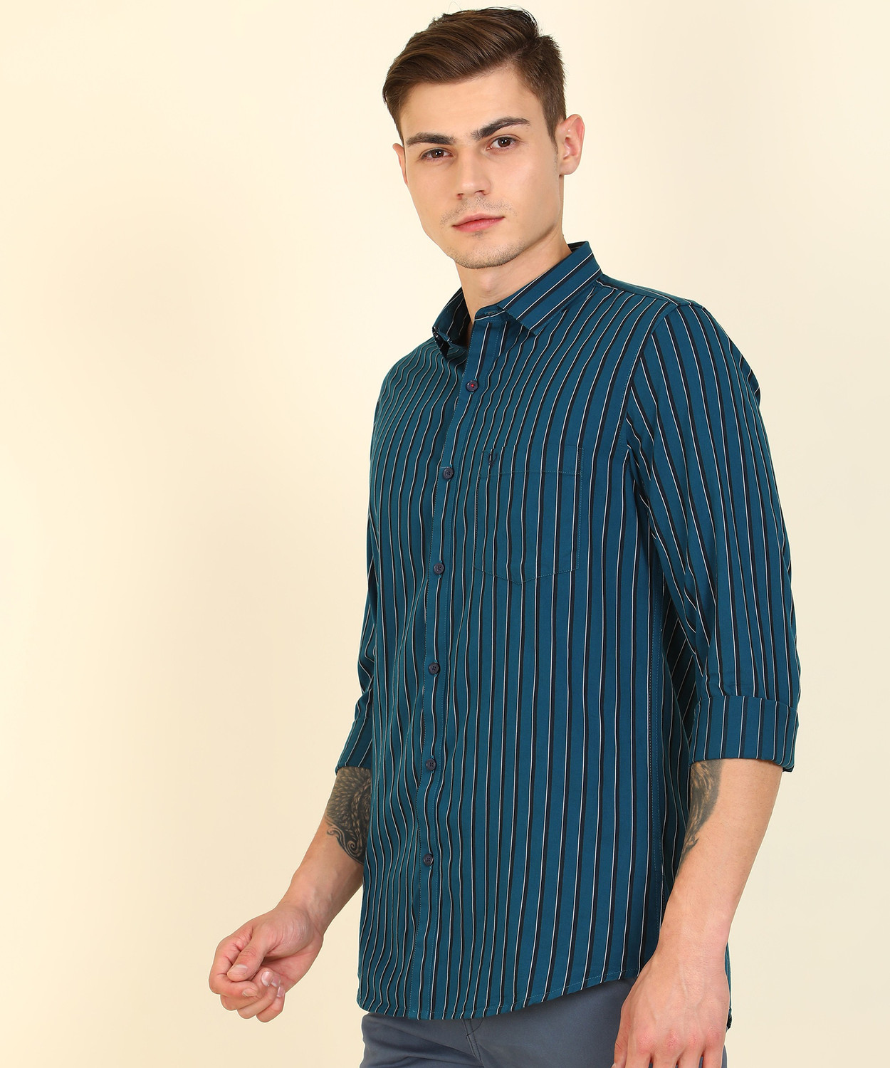 Image of Allen Solly Men Striped Casual Blue, Black Shirt