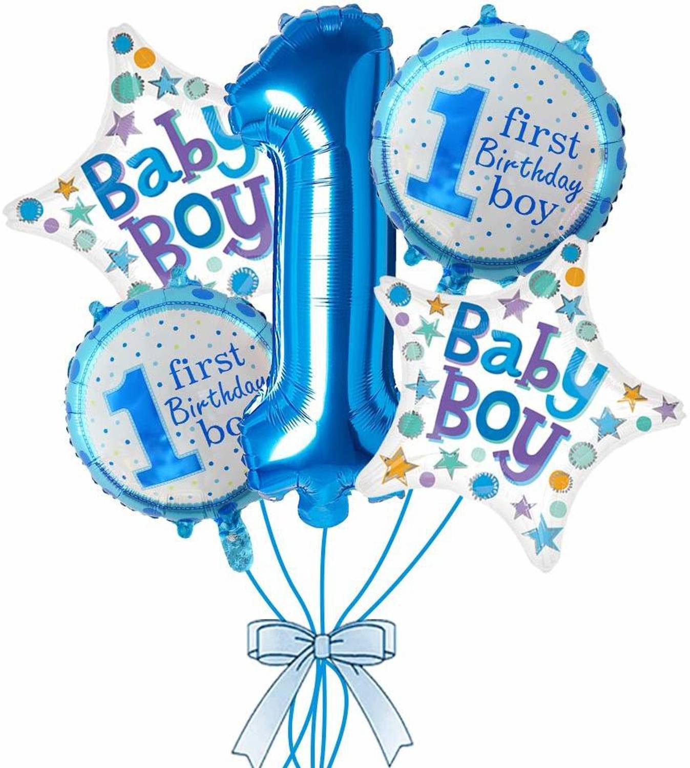 CELEBRATION STUDIO Printed 1st Birthday Boy Theme Foil Balloon Set- Pack of 5 Blue Balloon Bouquet