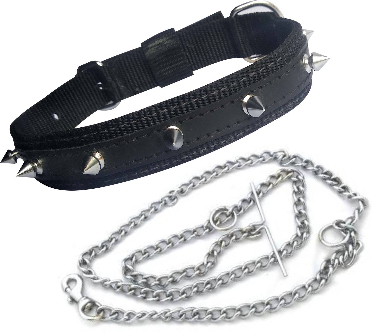 BODY BUILDING Good Quality Dog Belt Combo of Nylon Black Spike Collar with Dog Chain 1.5m Lengthy Dog Collar & Chain
