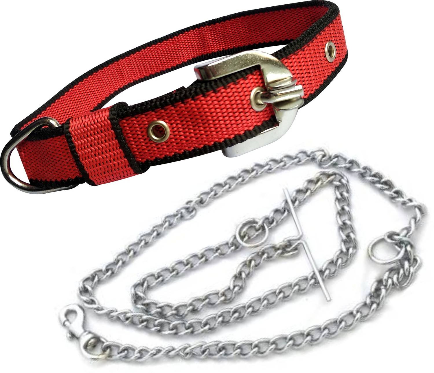 ADIOS Good Quality Dog Belt Combo of Nylon Black Red Collar with Dog Chain 1.5m Lengthy Dog Collar & Chain