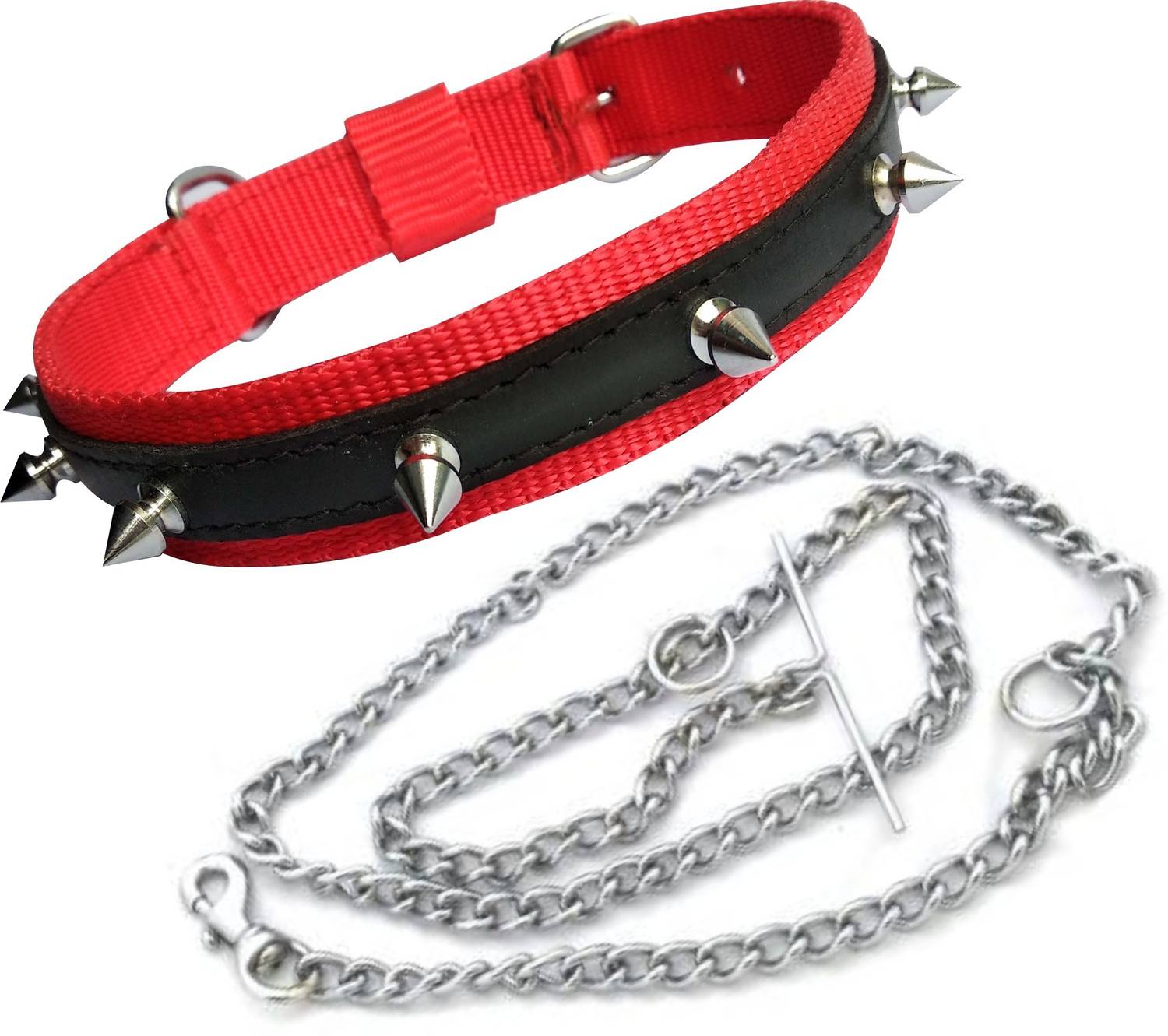 BODY BUILDING Good Quality Dog Belt Combo of Nylon Red Spike Collar with Dog Chain 1.5m Lengthy Dog Collar & Chain