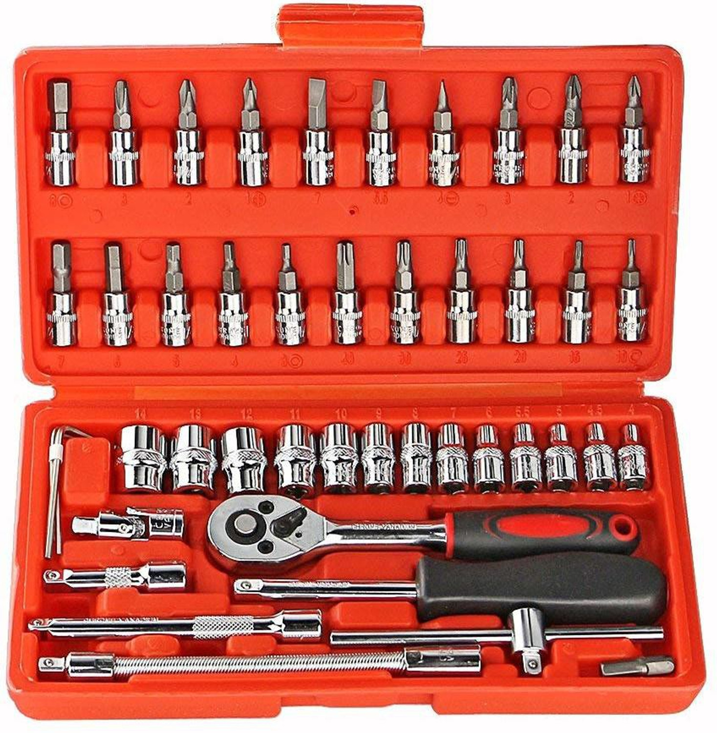 Image of ATOOLS 46Pcs 1 /4 inchinch Ratchet Socket Spannar Set with Extension Rod and Carry Box for Automobiles /Bike /Car Repair Tools Kit Vehicle Tool Kit