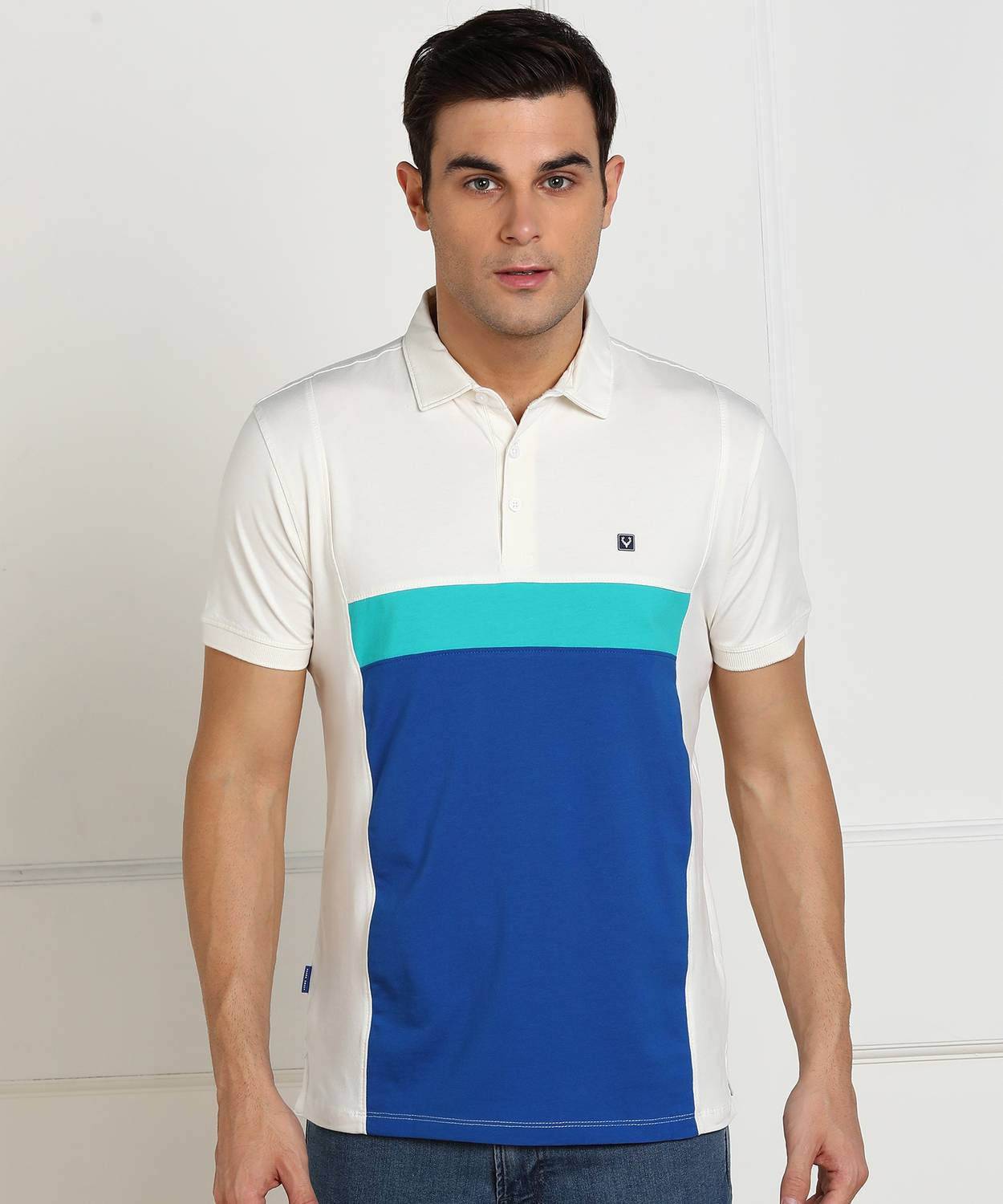 Allen Solly Colorblock Men Polo Neck White, Blue T-Shirt