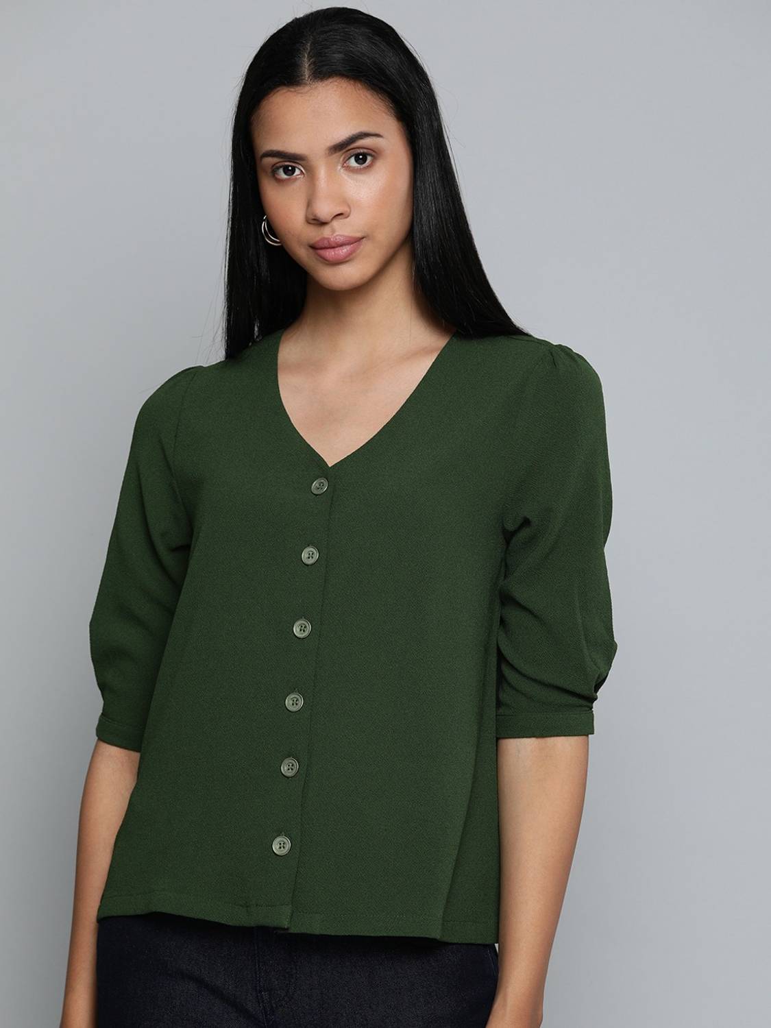 CHEMISTRY Casual 3/4 Sleeve Solid Women Green Top