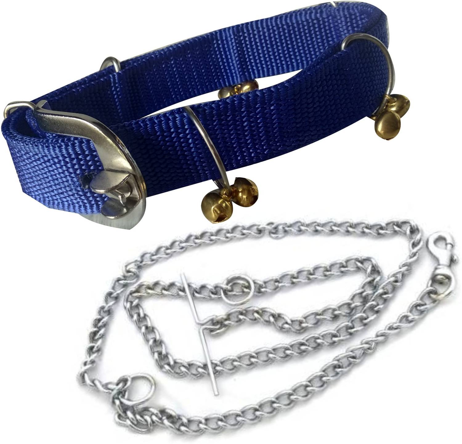 ADIOS Good Quality Dog Belt Combo of Blue Nylon Ghungroo Collar with Dog Chain 1.5m Lengthy Dog Collar & Chain