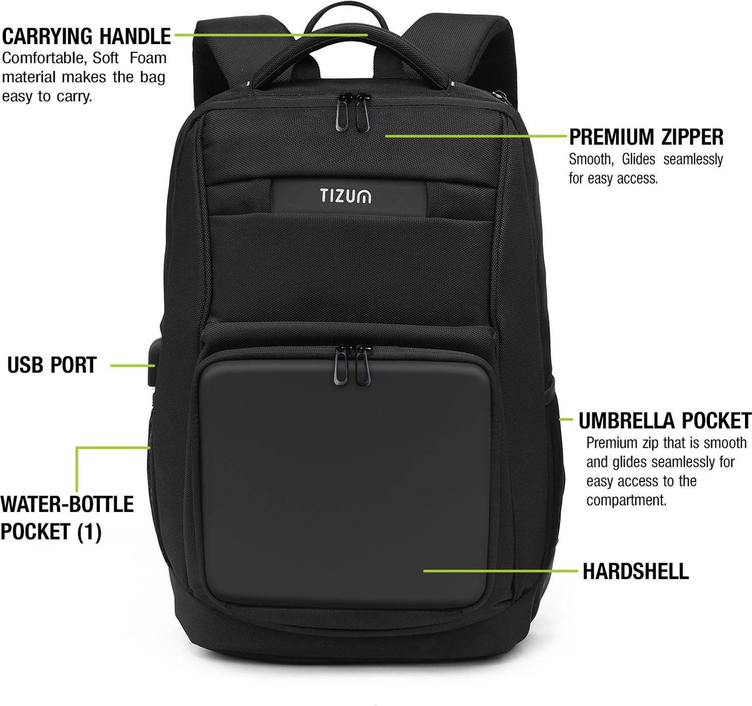 Tizum 15-Inch Laptop Bag, Anti-Theft, USB Charging Port included