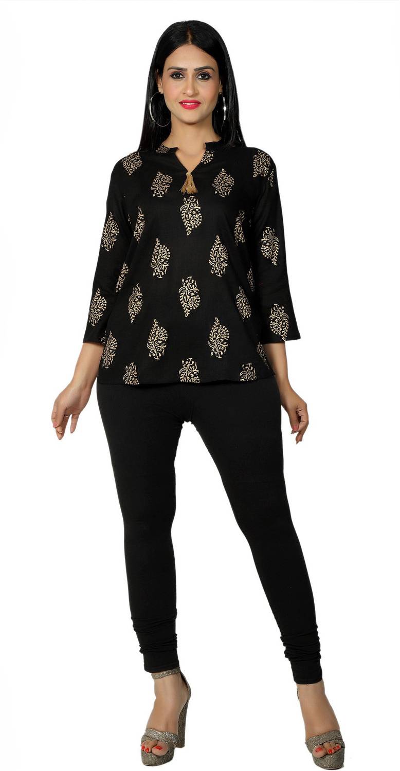 Brijam Casual Regular Sleeve Printed Women Black Top