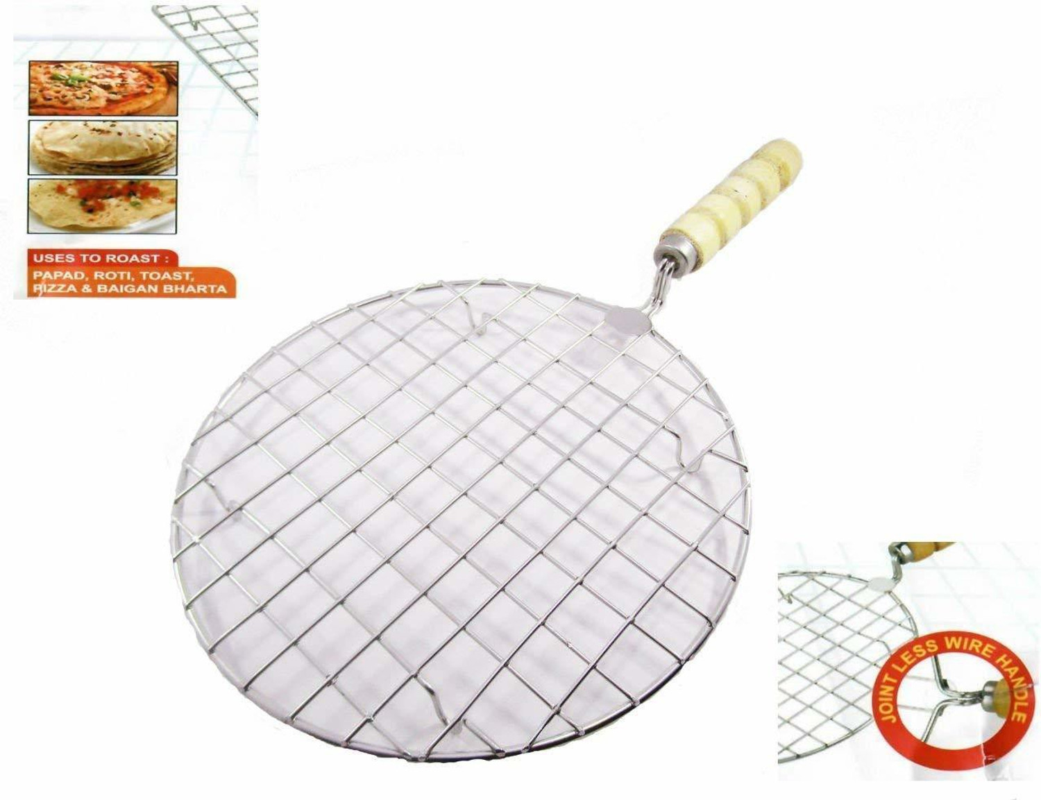 Image of KUBER INDUSTRIES Stainless Steel Round Papad Jali /Roti Roast Grill /Papad Roast Grill with Wooden Handle-Pack of 2 (Silver) 1 kg Roaster