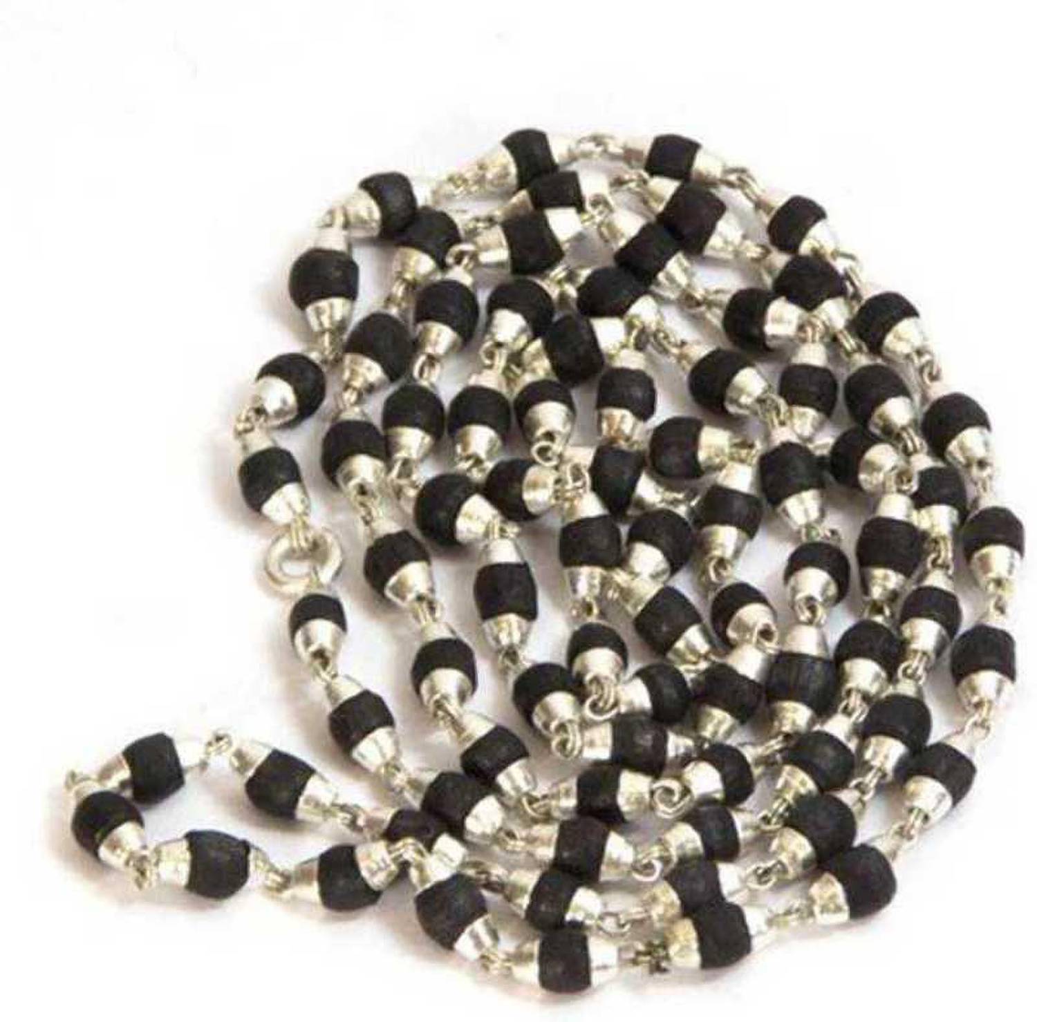 A1 Laxmi Ganesh Silver Cap Black Tulsi Mala For Unisex Wood Chain Brass Chain