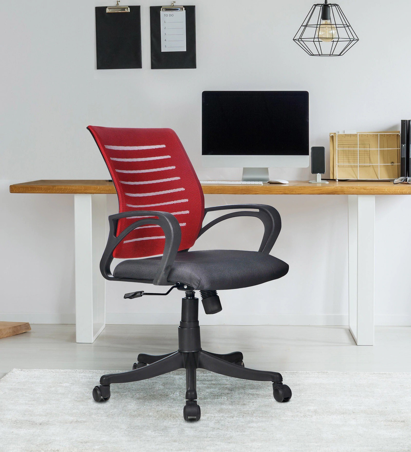 Image of Finch Fox Low Back Royal Ergonomic Desk Mesh Chair in Red & Black Colour Fabric Office Executive Chair