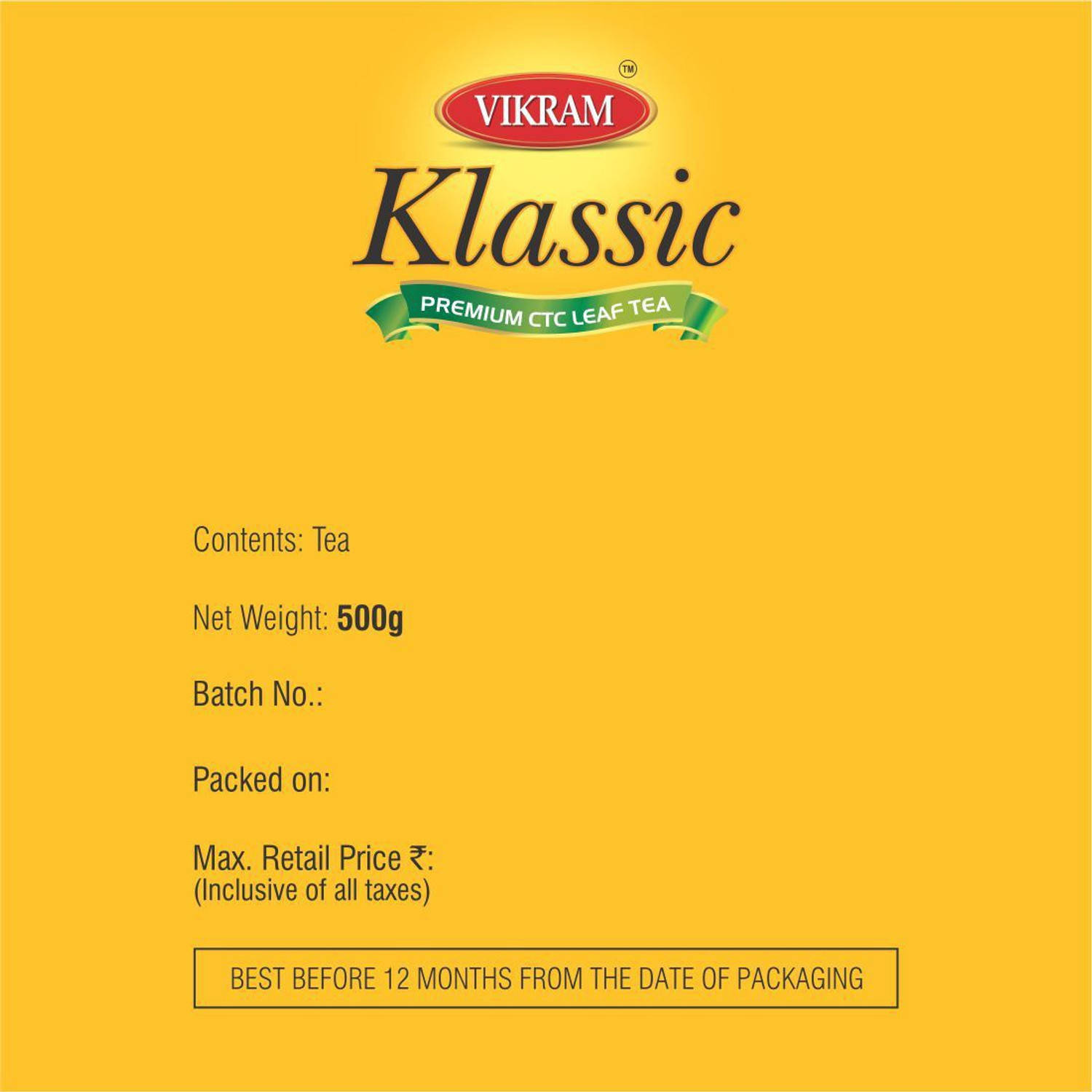 Image of Vikram Klassic Premium CTC Leaf Tea 500 Gram Pack Tea Box