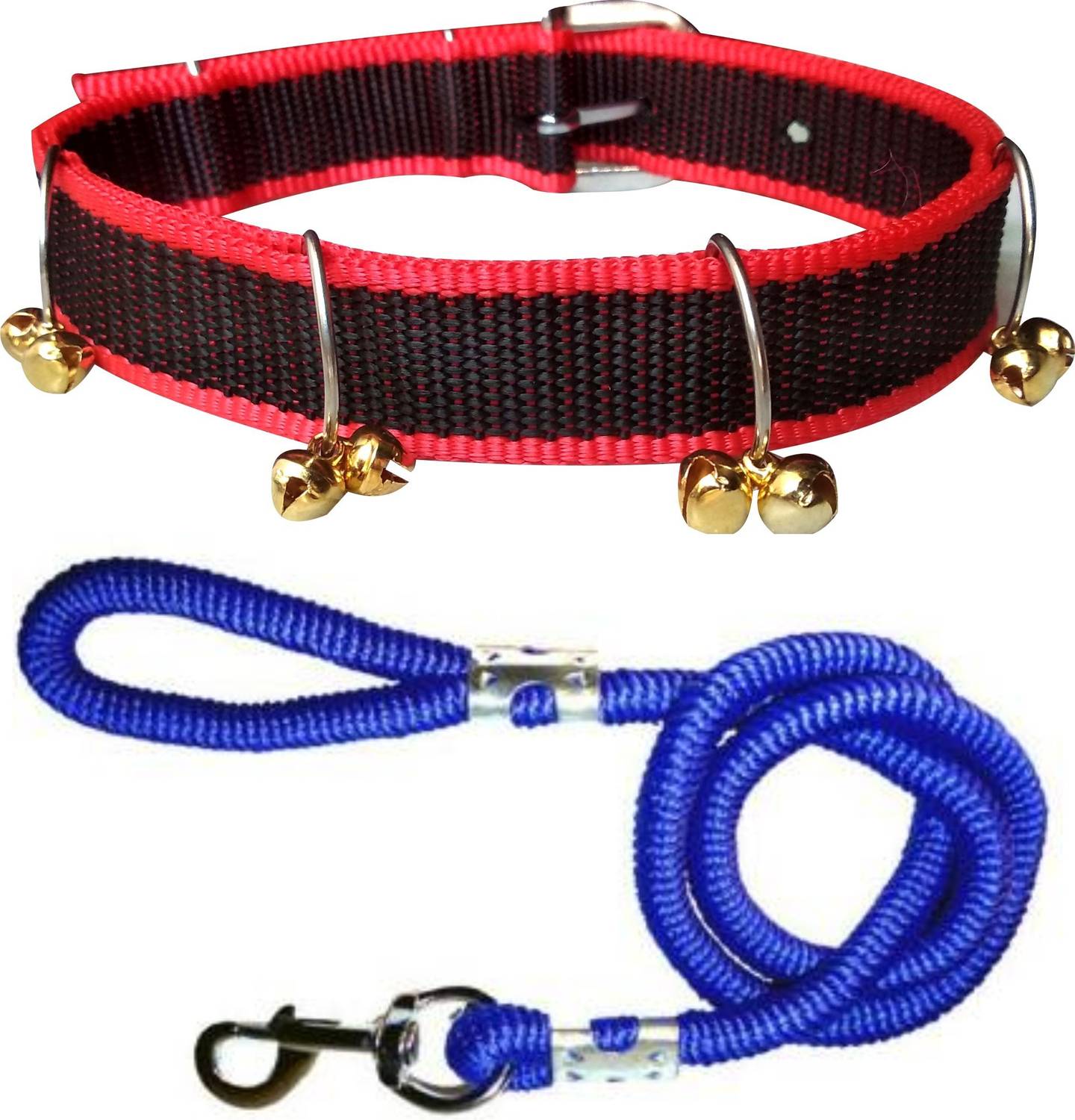 ADIOS Dog Belt Combo of Red Black Ghungroo Collar with Blue Lead 1.5m Lengthy Dog Collar & Leash