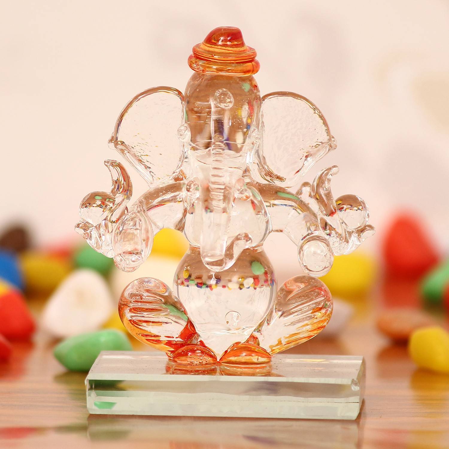 Artisyn Orange and Transparent Double Sided Crystal Car Ganesha Decorative Showpiece - 7.5 cm