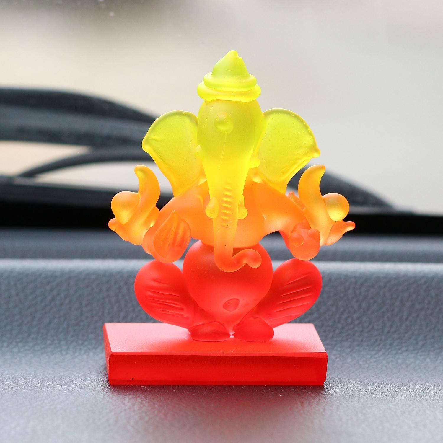 Artisyn Yellow and Orange Double Sided Crystal Car Ganesha Decorative Showpiece - 7.5 cm