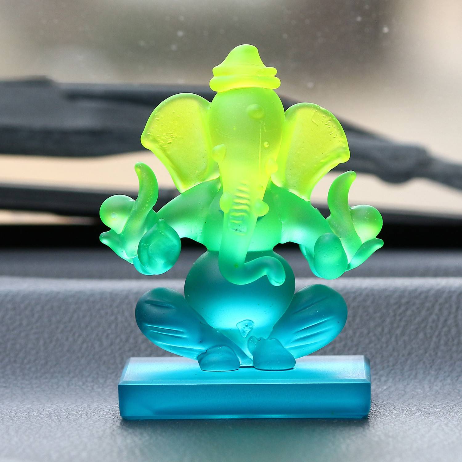 Artisyn Green and Blue Double Sided Crystal Car Ganesha Decorative Showpiece - 7.5 cm