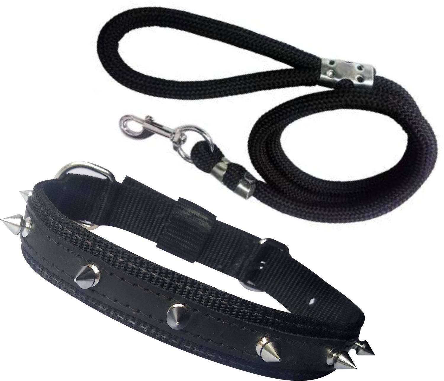 ADIOS High Quality Dog Belt Combo of Nylon Black Spike Collar with Black Lead 1.5m Lengthy Dog Collar & Leash
