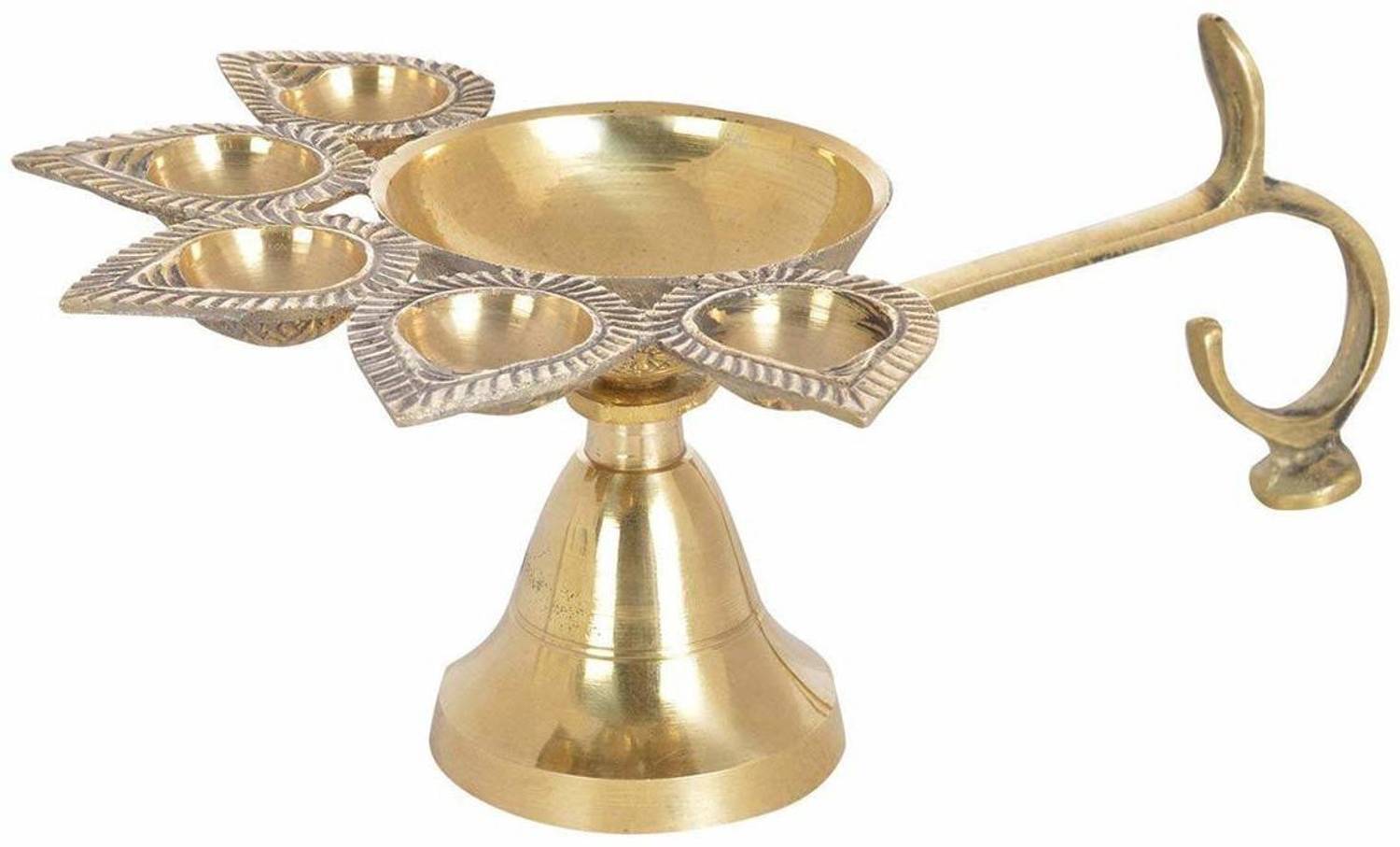 AANU Pooja Aarti Diya with Handle Brass Decorative Puja Accessory, Five Face Camphor Burner lamp Panch Aarti for Navratra, Diwali Gifts Home Decor Brass Table Diya